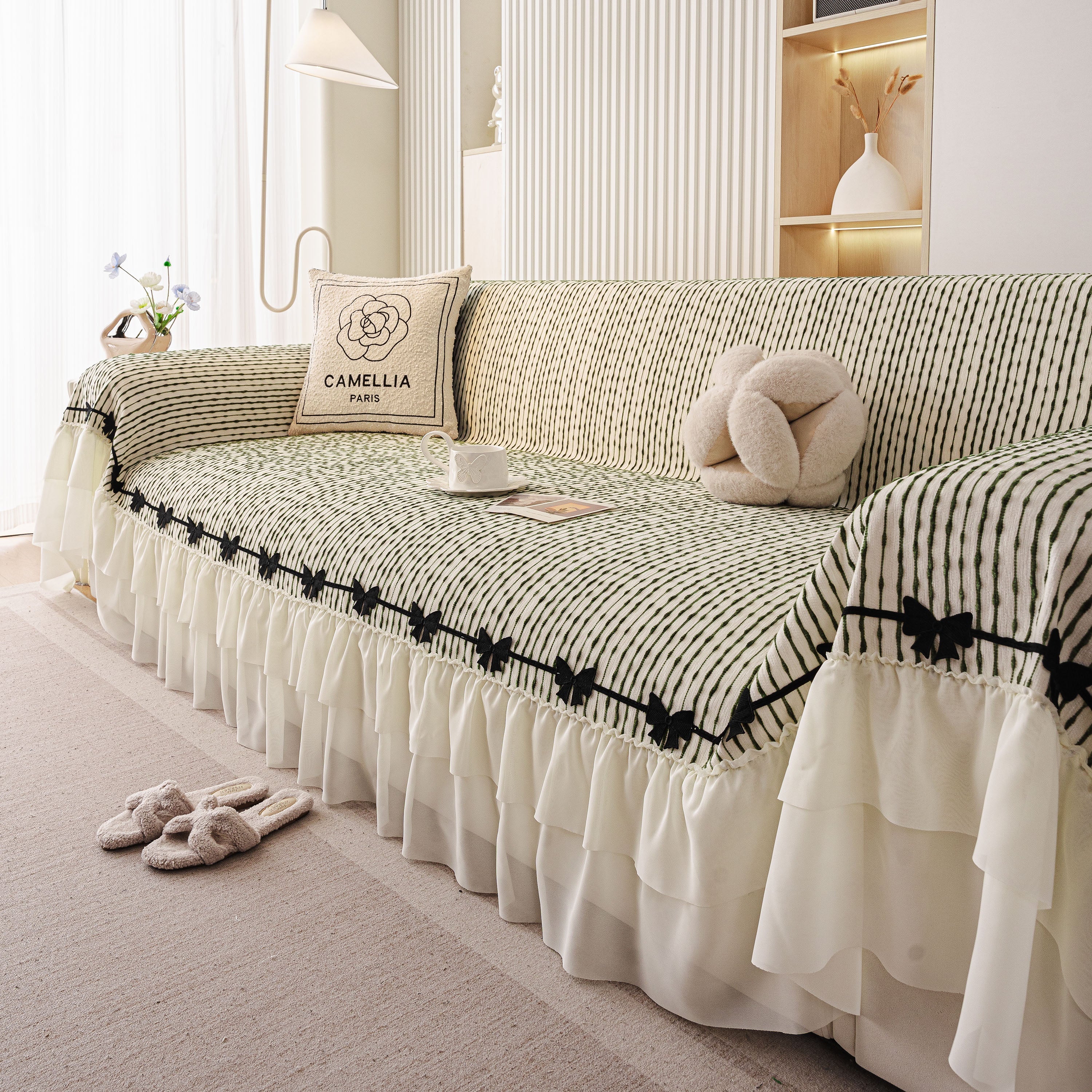Ruffled Sofa Cover With Bowknot Decor, French Country Style Skirted Couch Slipcover