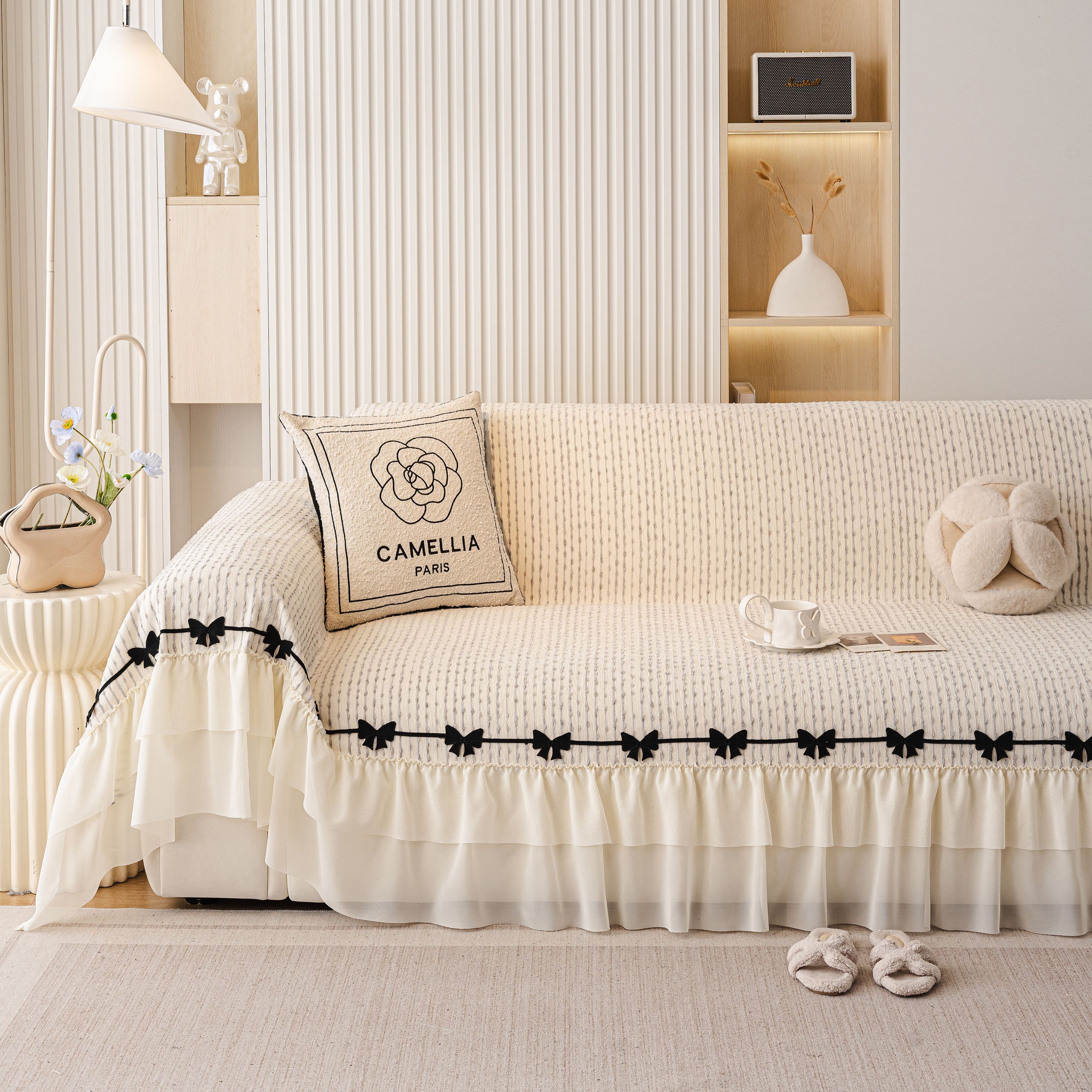 Ruffled Sofa Cover With Bowknot Decor, French Country Style Skirted Couch Slipcover