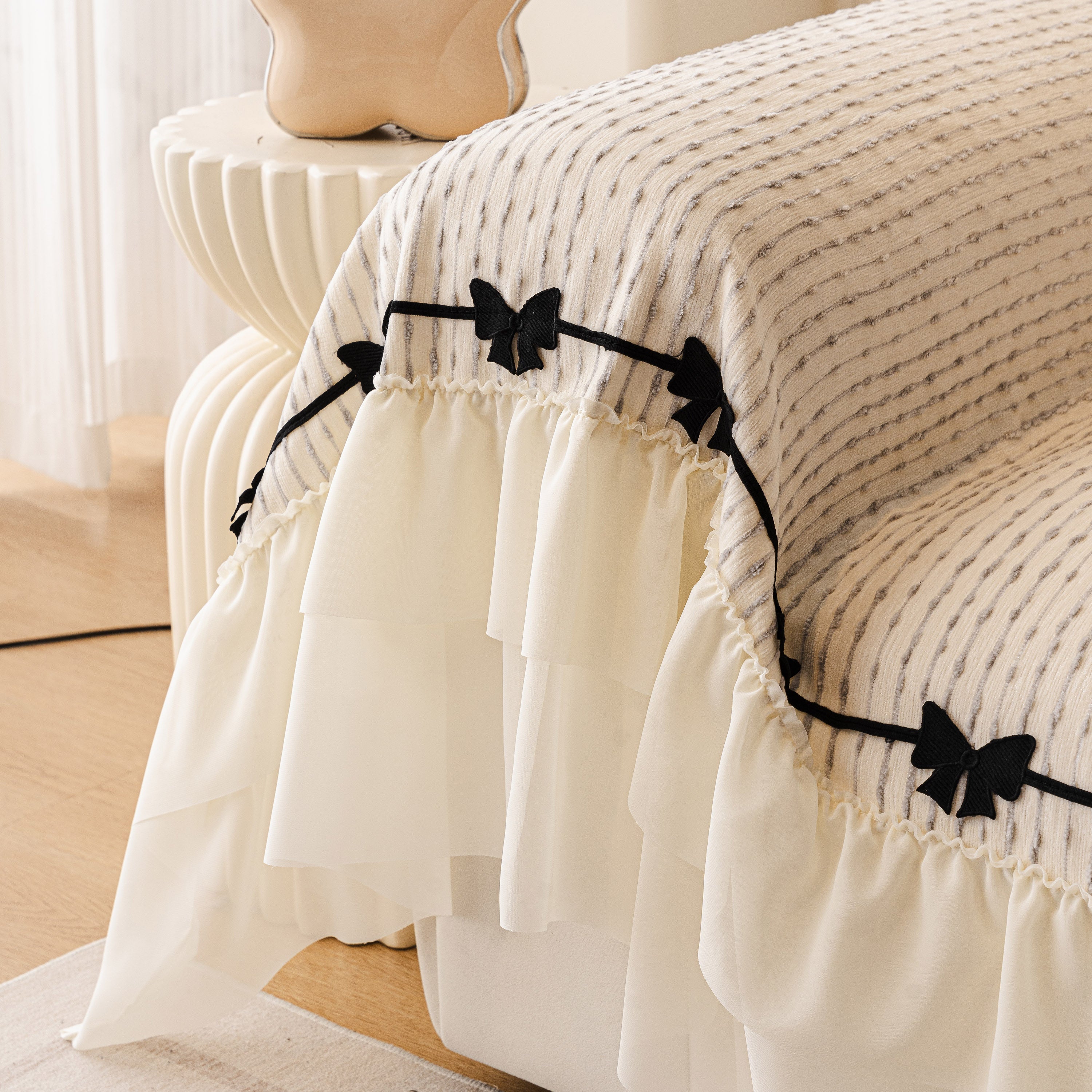 Ruffled Sofa Cover With Bowknot Decor, French Country Style Skirted Couch Slipcover