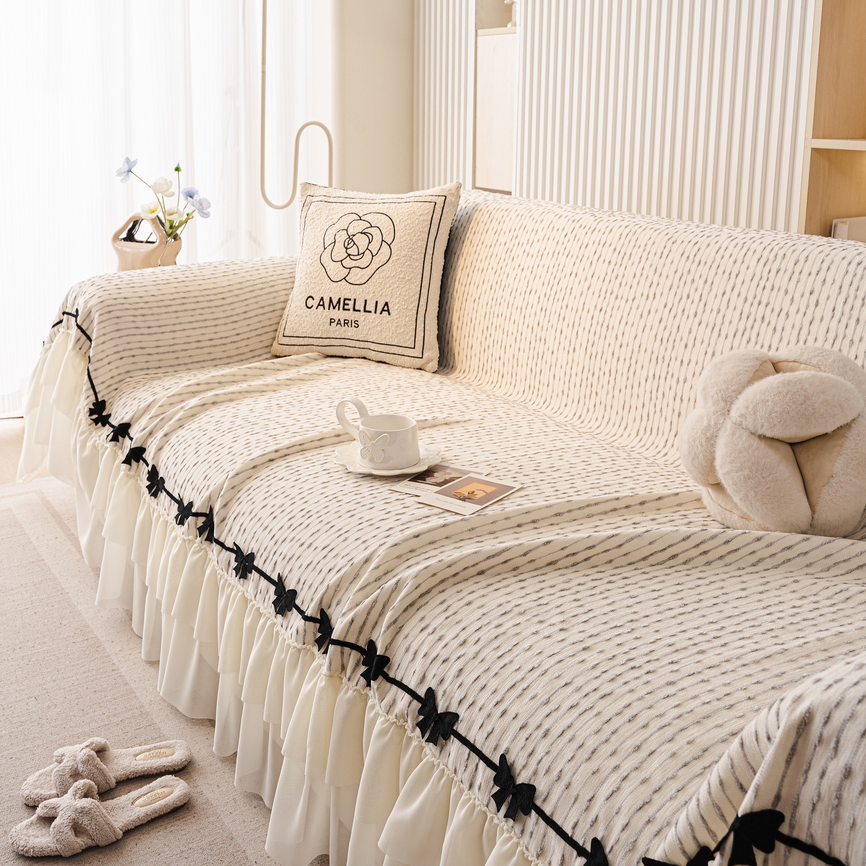 Ruffled Sofa Cover With Bowknot Decor, French Country Style Skirted Couch Slipcover