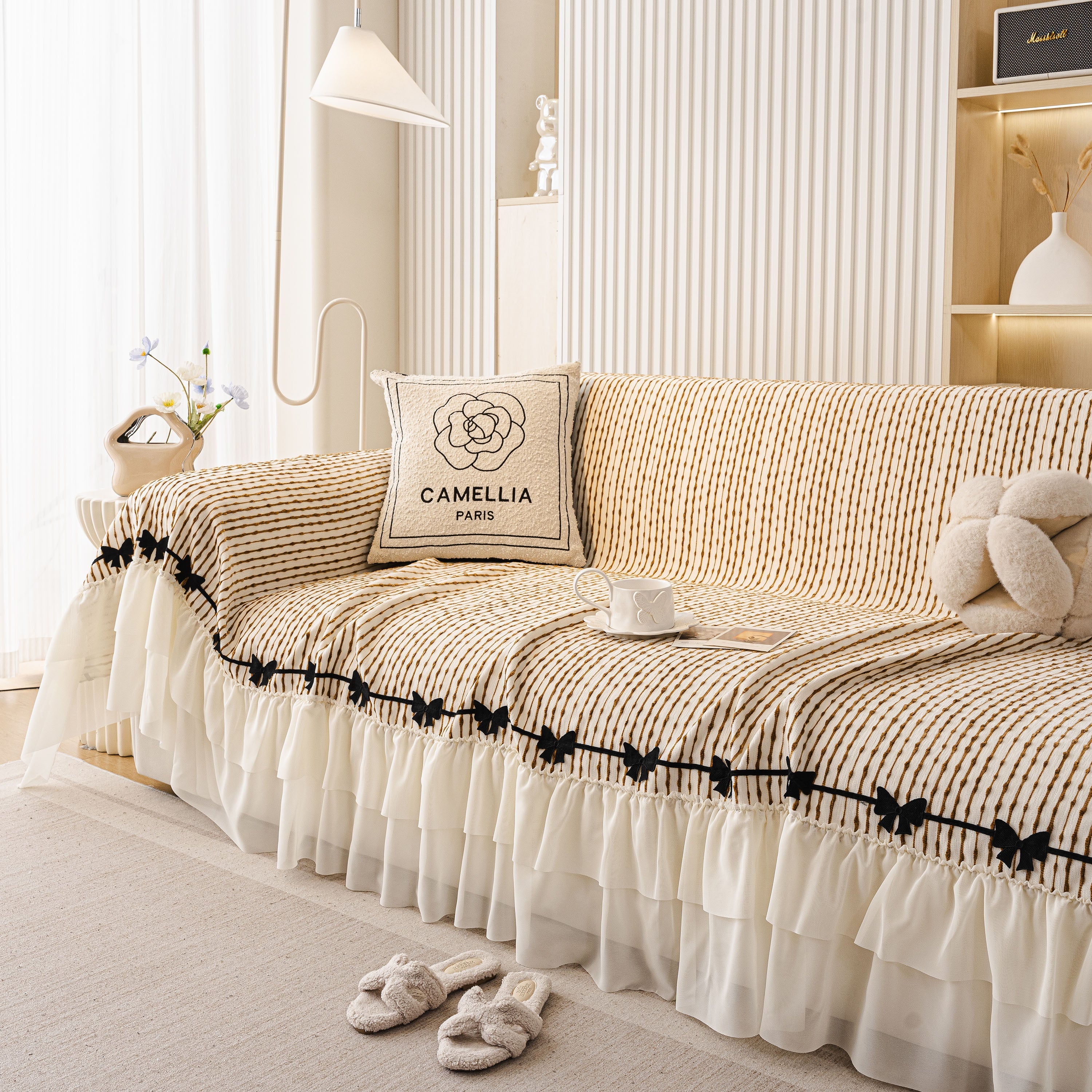 Ruffled Sofa Cover With Bowknot Decor, French Country Style Skirted Couch Slipcover