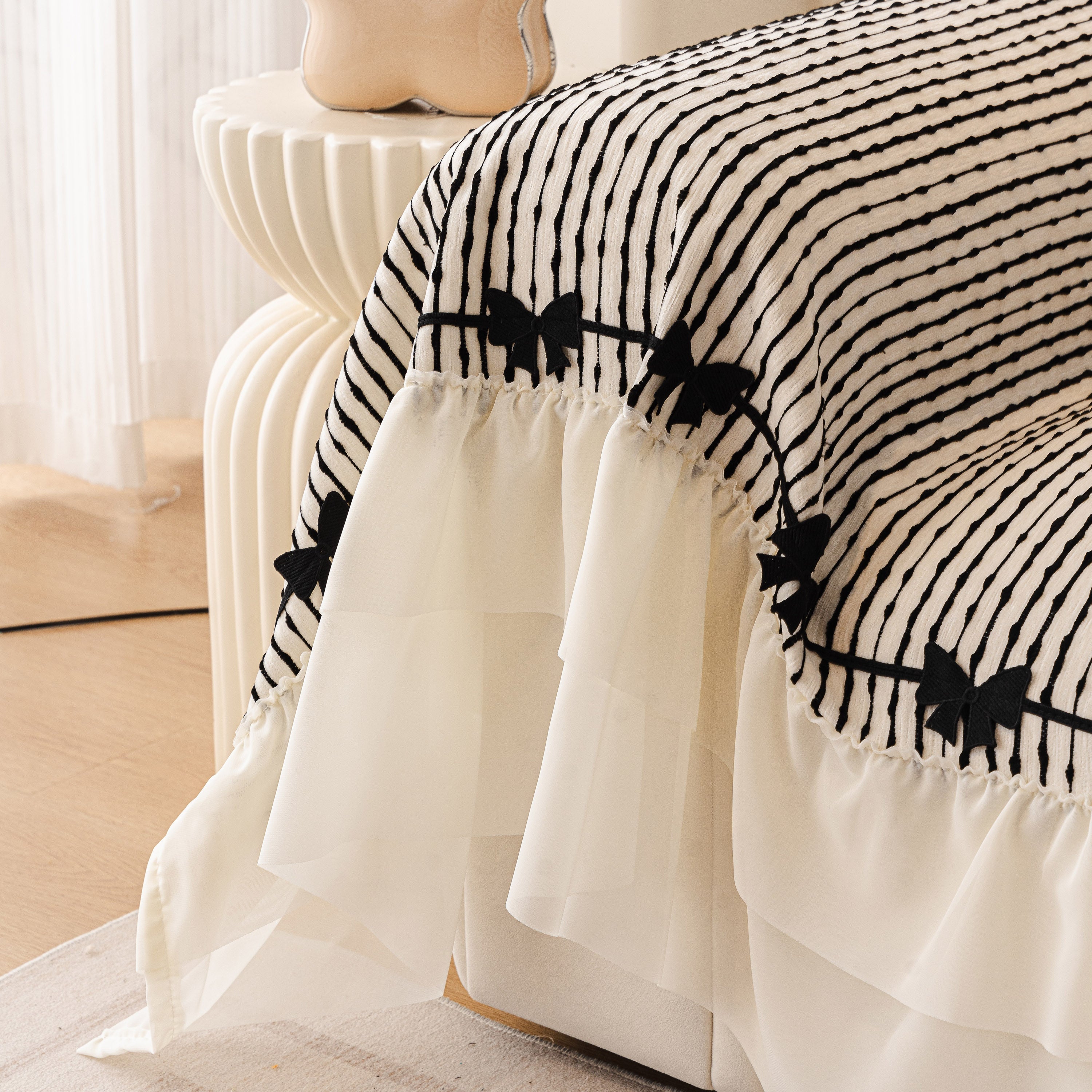 Ruffled Sofa Cover With Bowknot Decor, French Country Style Skirted Couch Slipcover