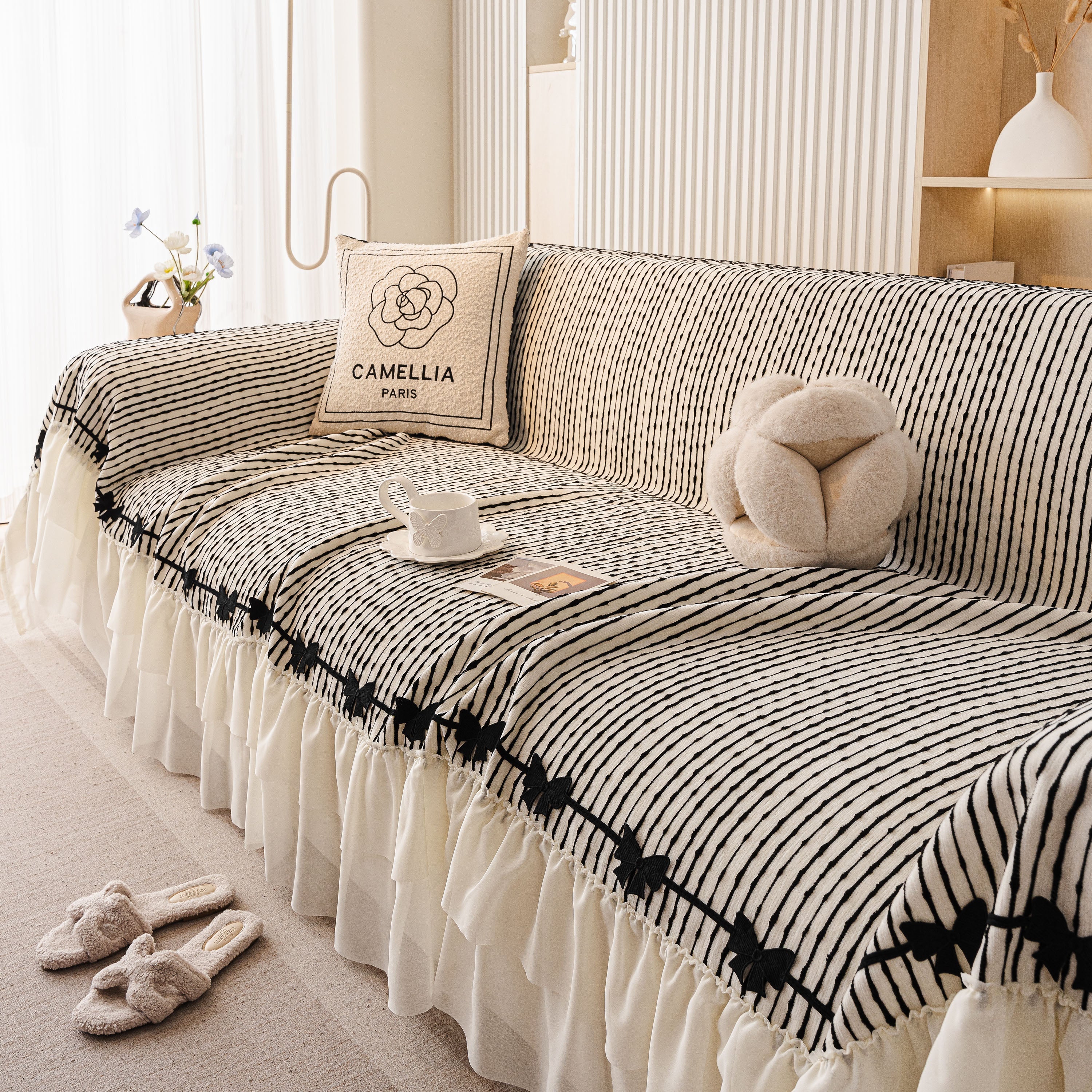 Ruffled Sofa Cover With Bowknot Decor, French Country Style Skirted Couch Slipcover