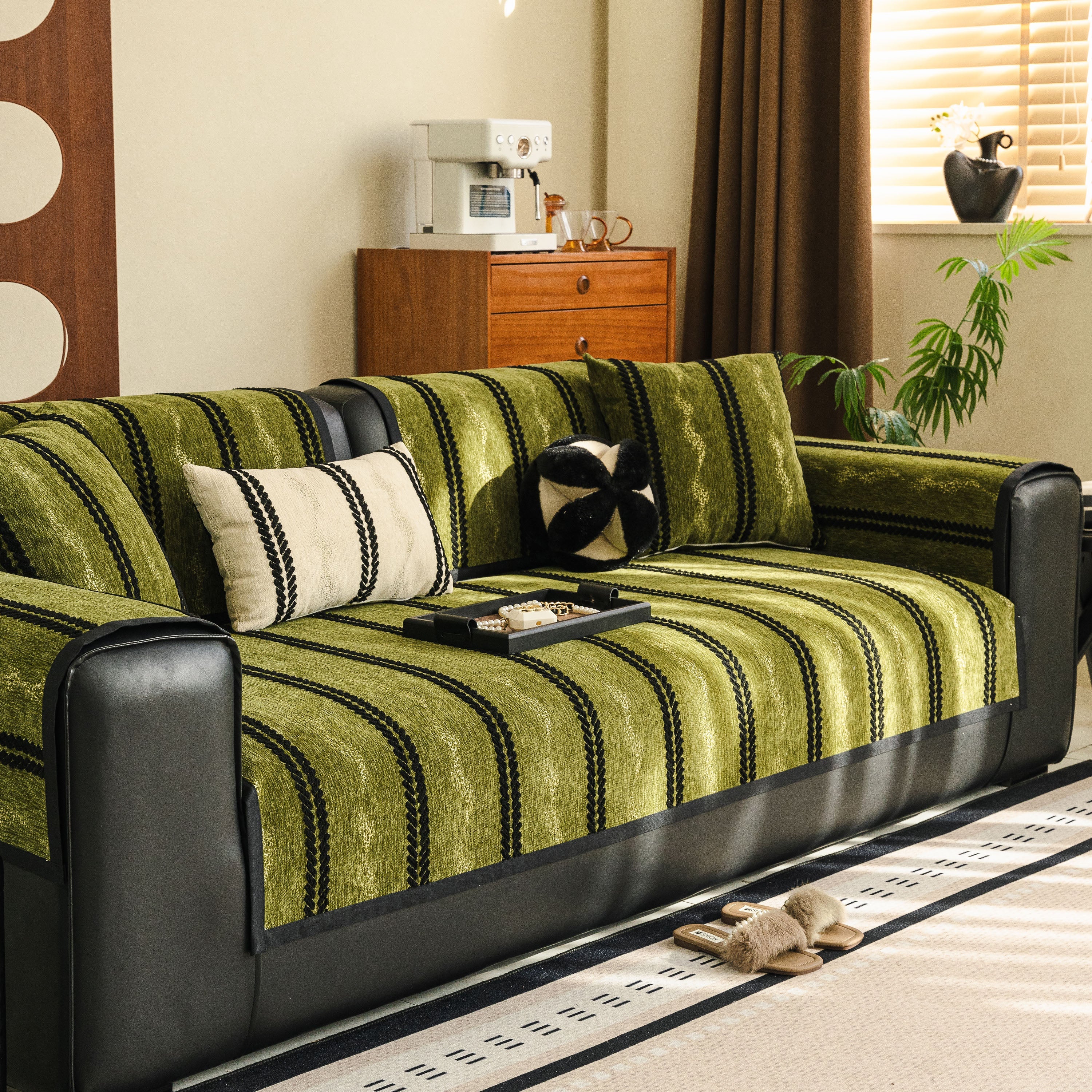 Non-slip Sofa Cover With Thick Chenille Texture Woven Stripe Couch Protector Throw