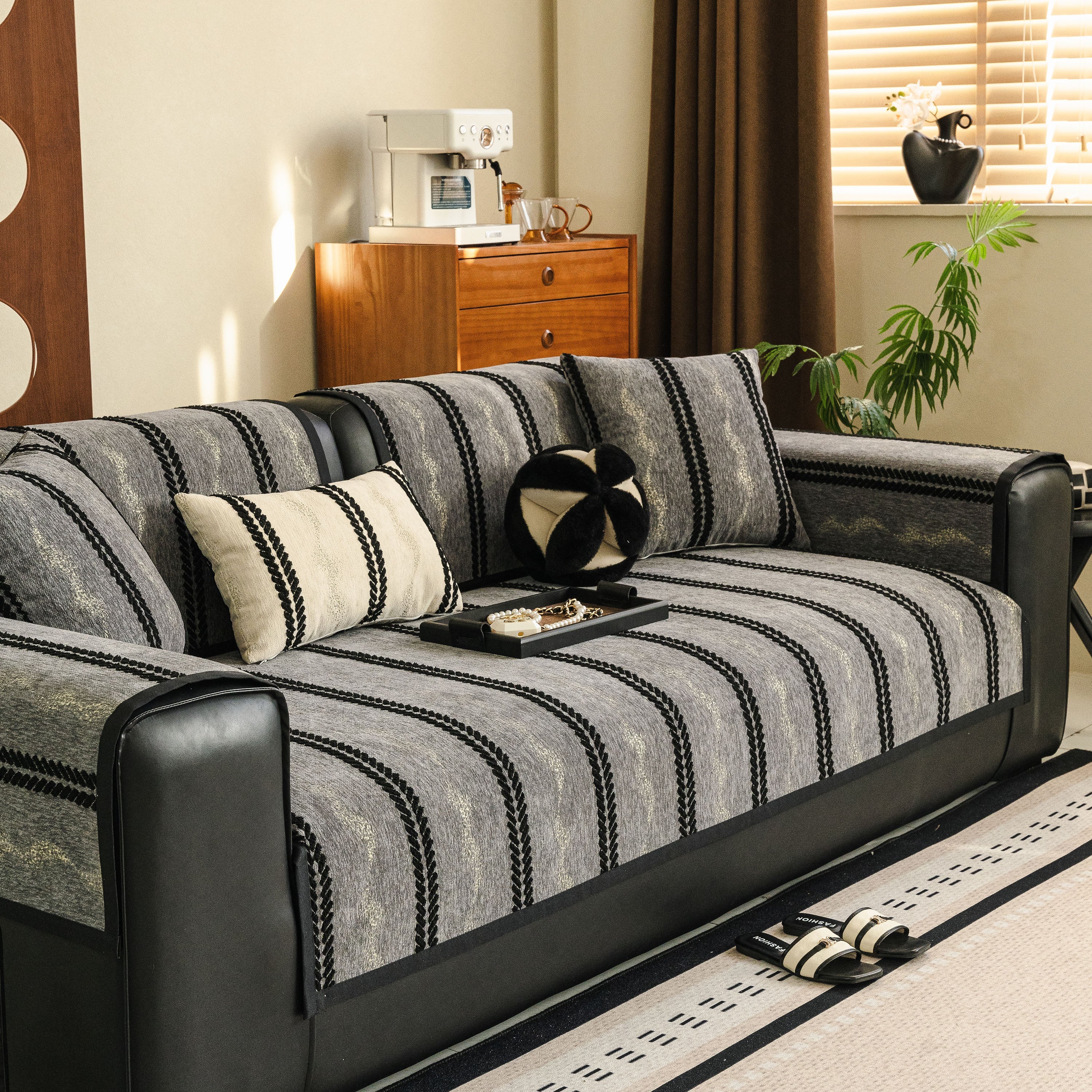 Non-slip Sofa Cover With Thick Chenille Texture Woven Stripe Couch Protector Throw