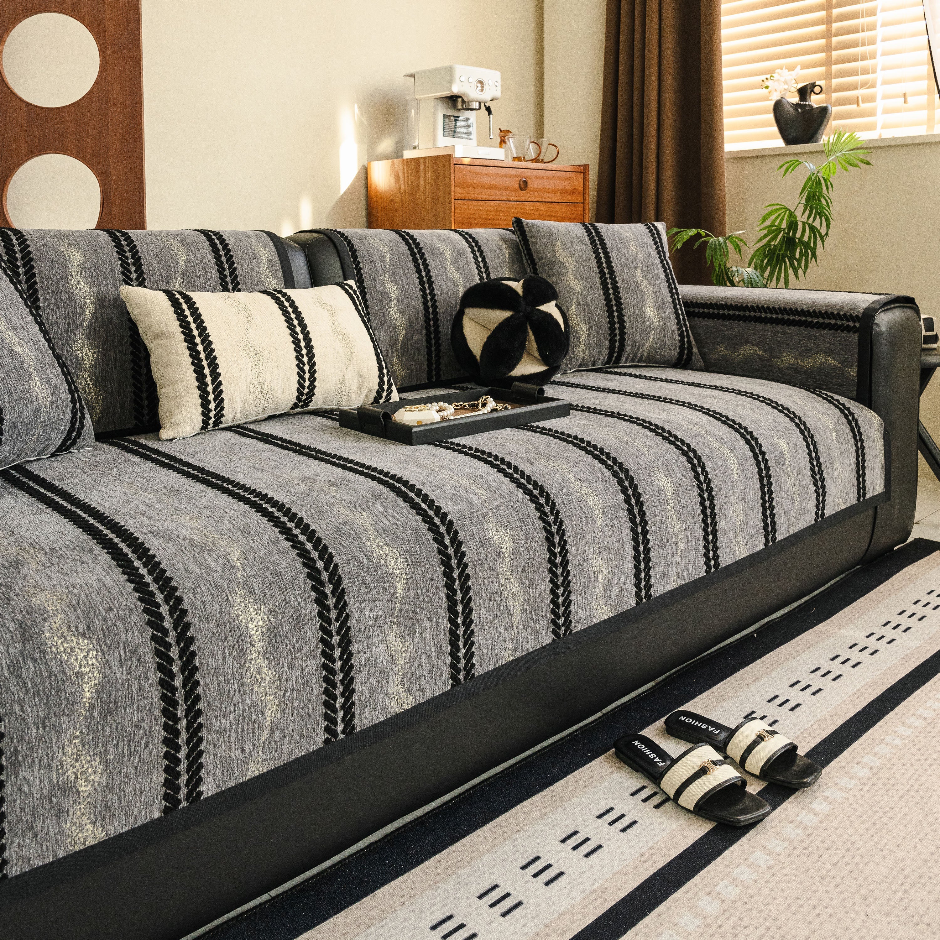 Non-slip Sofa Cover With Thick Chenille Texture Woven Stripe Couch Protector Throw
