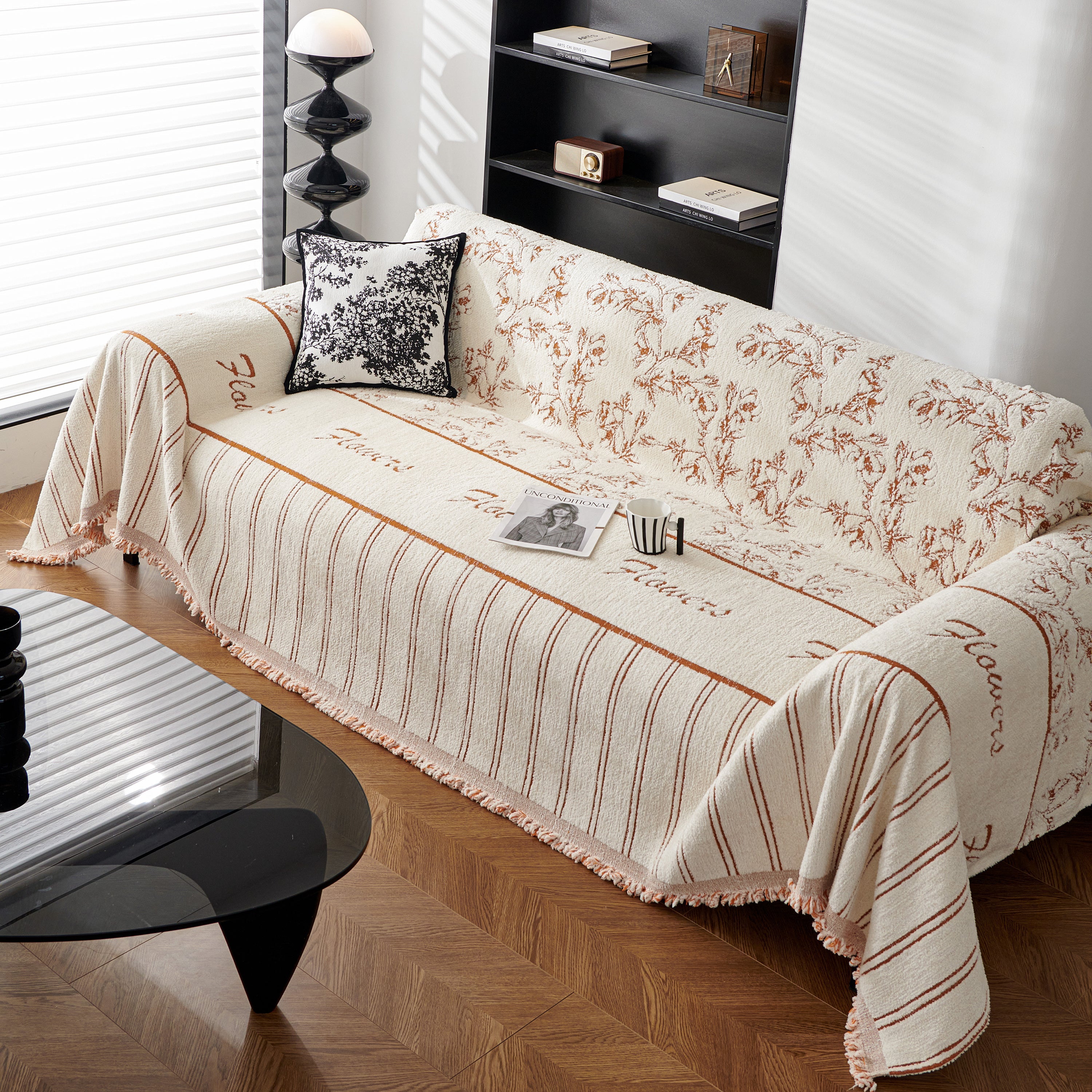 Chenille Striped Floral Couch Cover Sofa Slipcover For Most Shape Sofas, Reversible Sofa Throw Cover