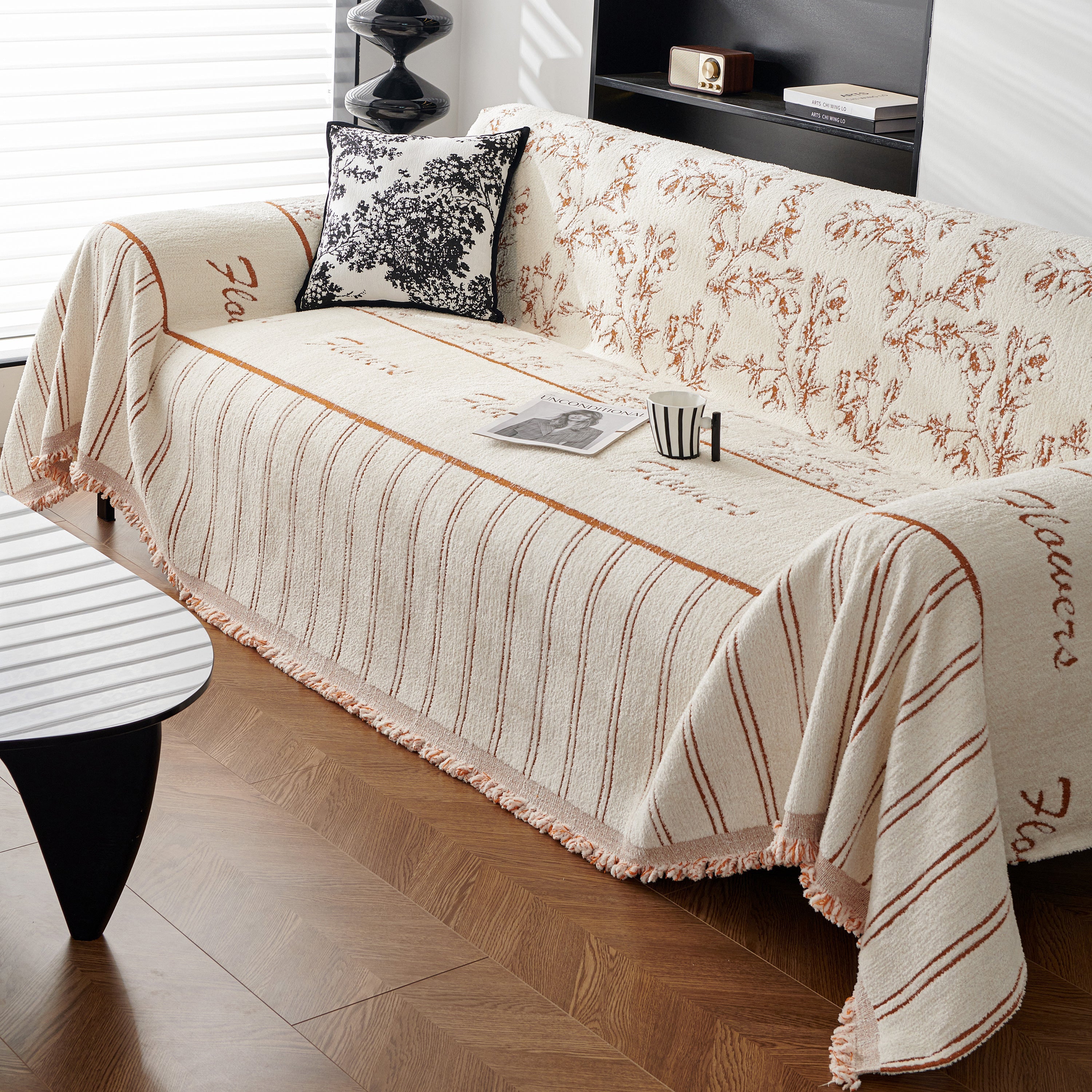 Chenille Striped Floral Couch Cover Sofa Slipcover For Most Shape Sofas, Reversible Sofa Throw Cover