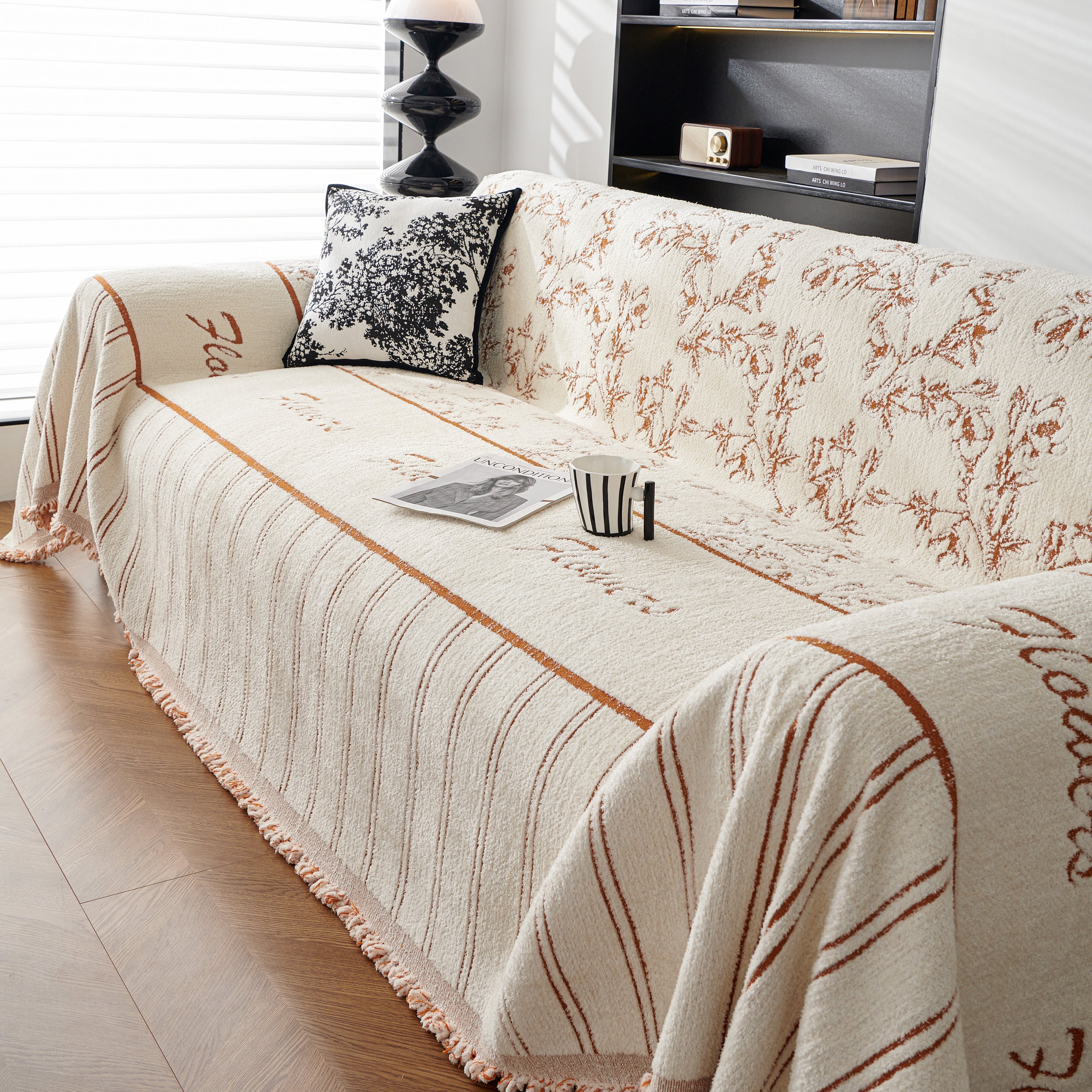 Chenille Striped Floral Couch Cover Sofa Slipcover For Most Shape Sofas, Reversible Sofa Throw Cover