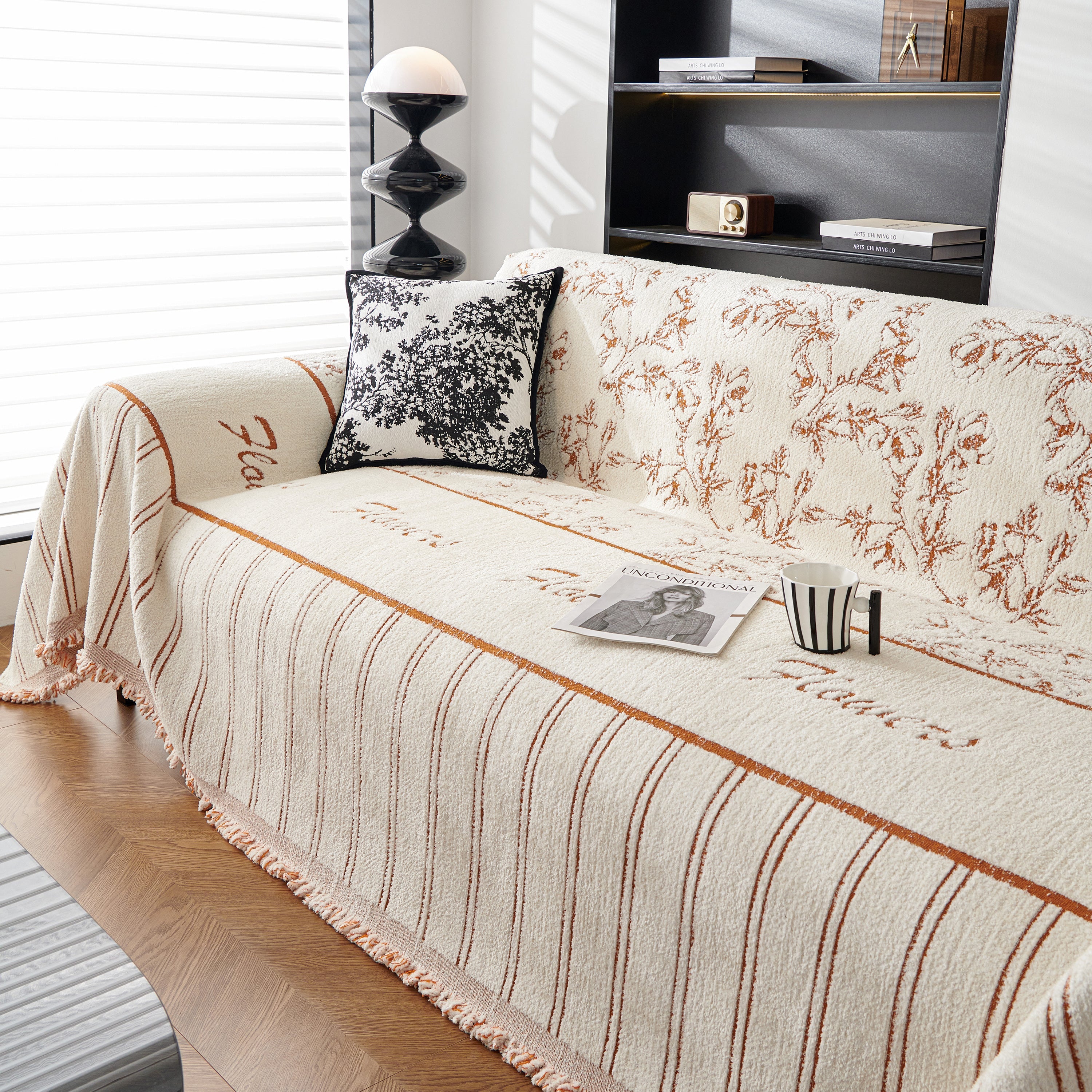 Chenille Striped Floral Couch Cover Sofa Slipcover For Most Shape Sofas, Reversible Sofa Throw Cover