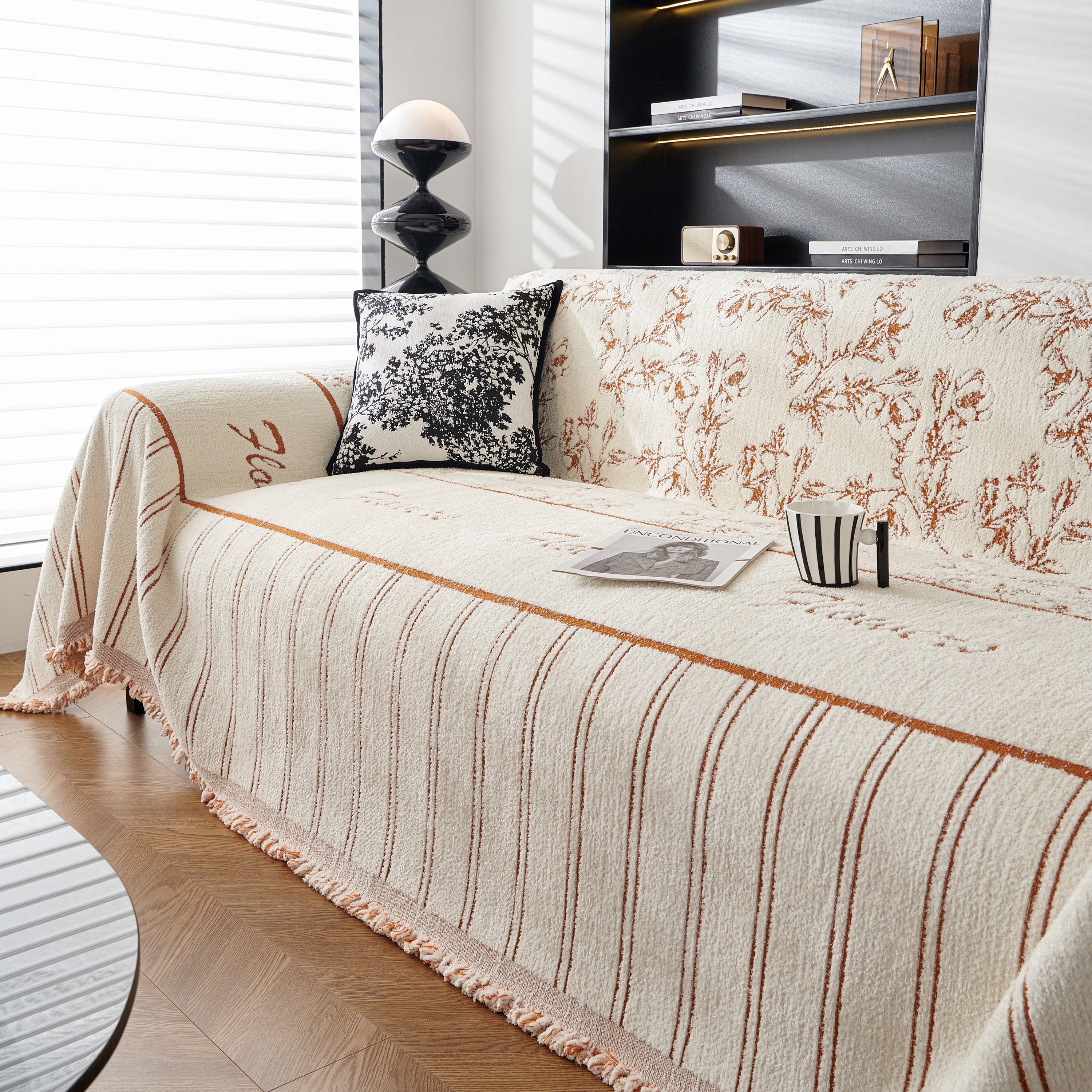 Chenille Striped Floral Couch Cover Sofa Slipcover For Most Shape Sofas, Reversible Sofa Throw Cover