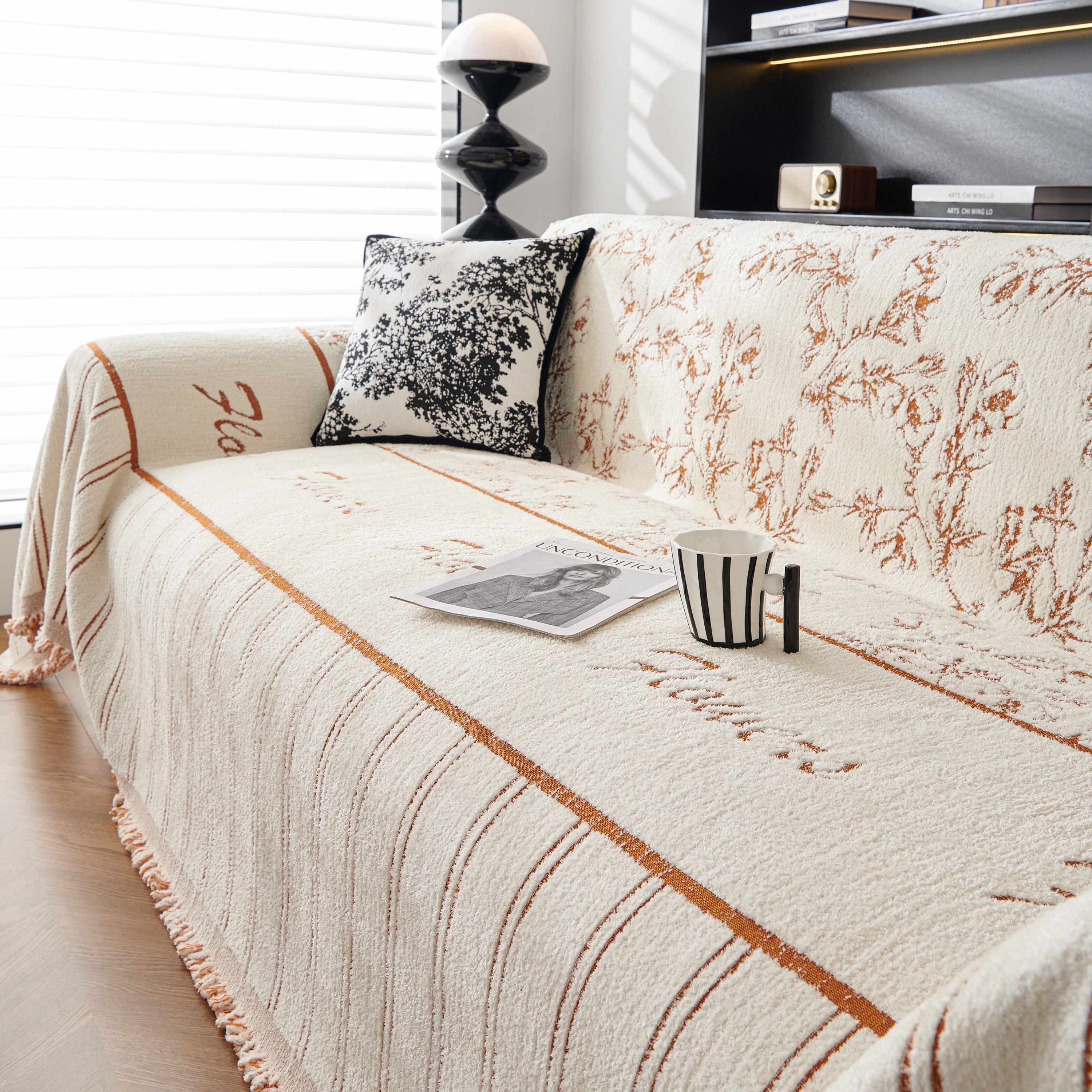 Chenille Striped Floral Couch Cover Sofa Slipcover For Most Shape Sofas, Reversible Sofa Throw Cover