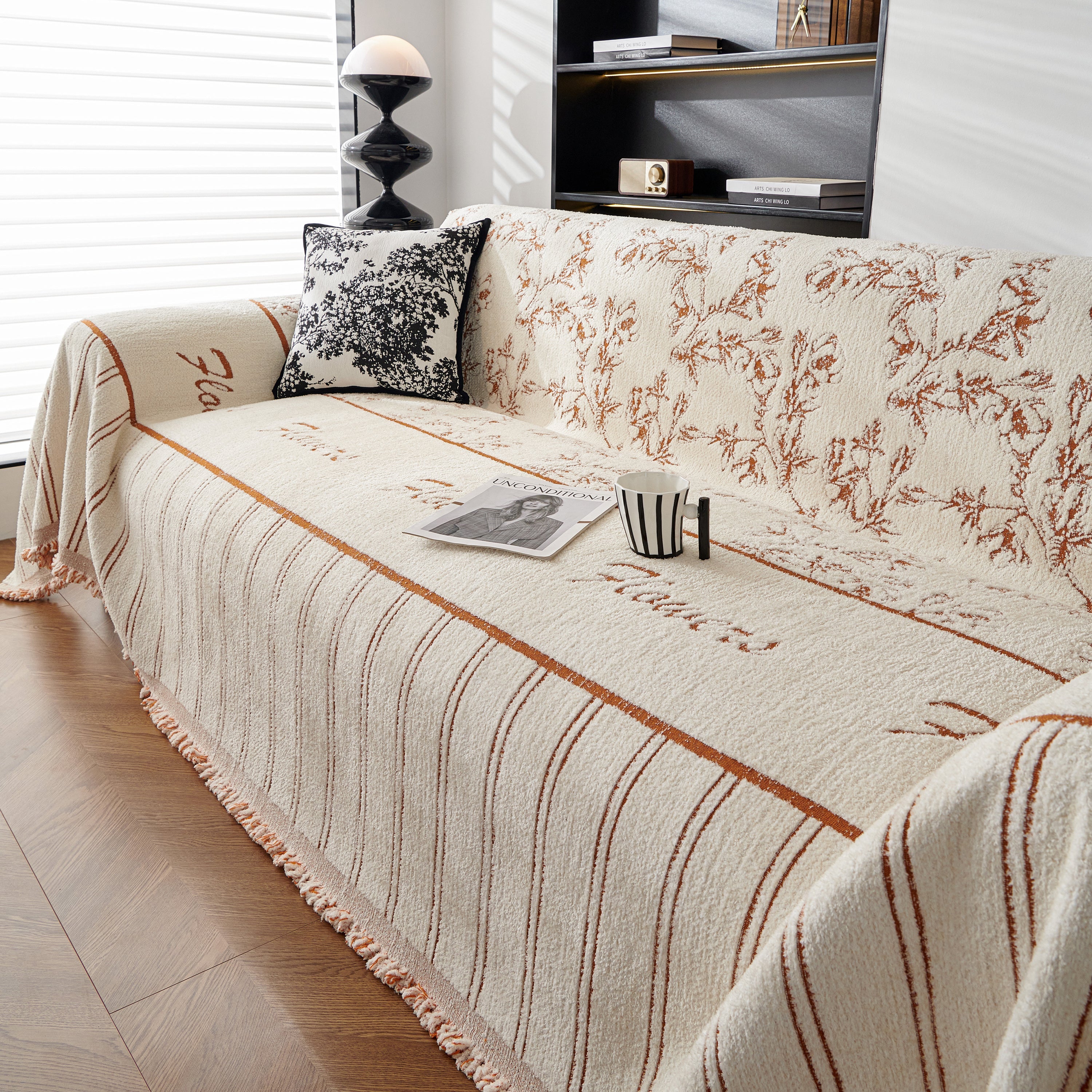 Chenille Striped Floral Couch Cover Sofa Slipcover For Most Shape Sofas, Reversible Sofa Throw Cover
