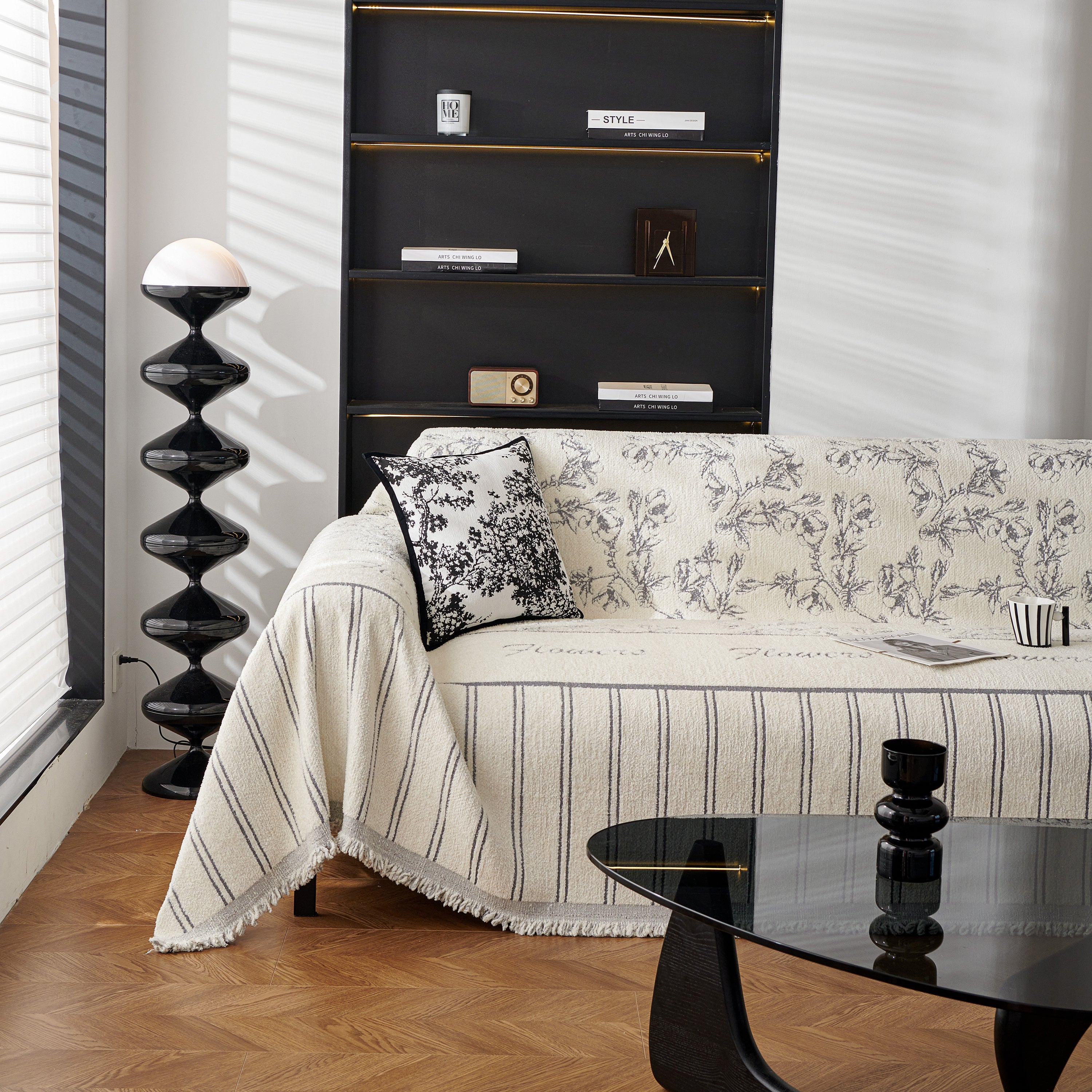 Chenille Striped Floral Couch Cover Sofa Slipcover For Most Shape Sofas, Reversible Sofa Throw Cover