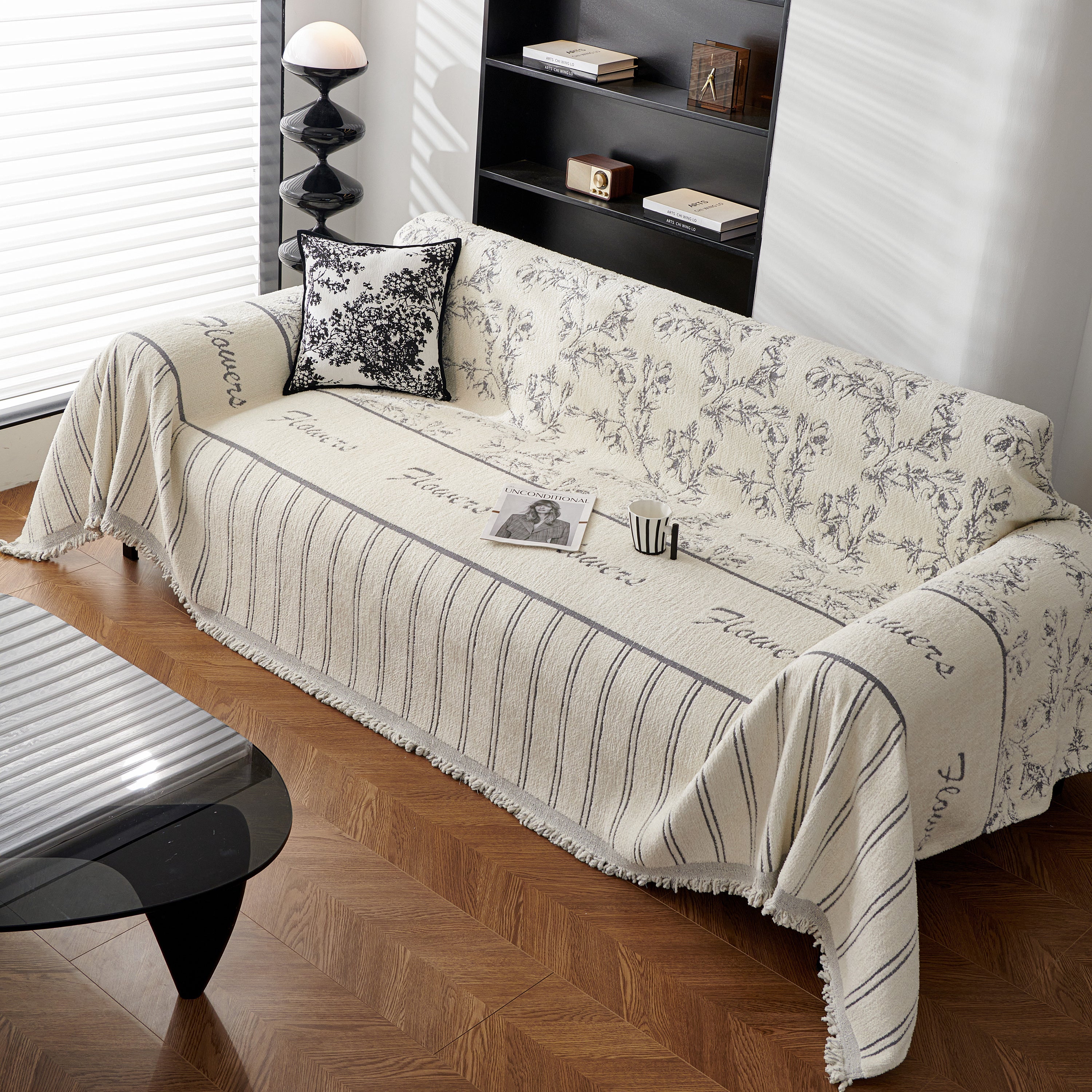 Chenille Striped Floral Couch Cover Sofa Slipcover For Most Shape Sofas, Reversible Sofa Throw Cover