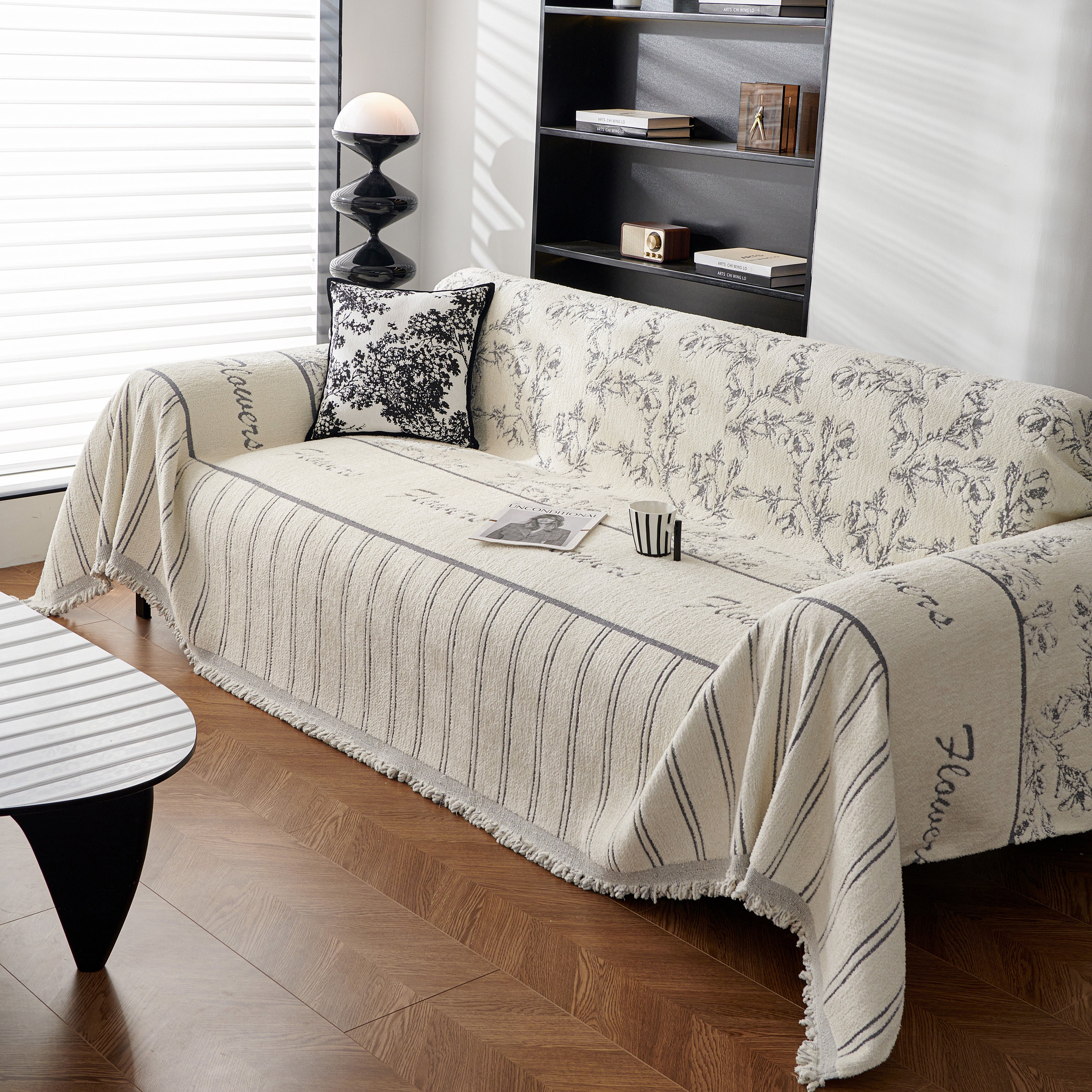 Chenille Striped Floral Couch Cover Sofa Slipcover For Most Shape Sofas, Reversible Sofa Throw Cover