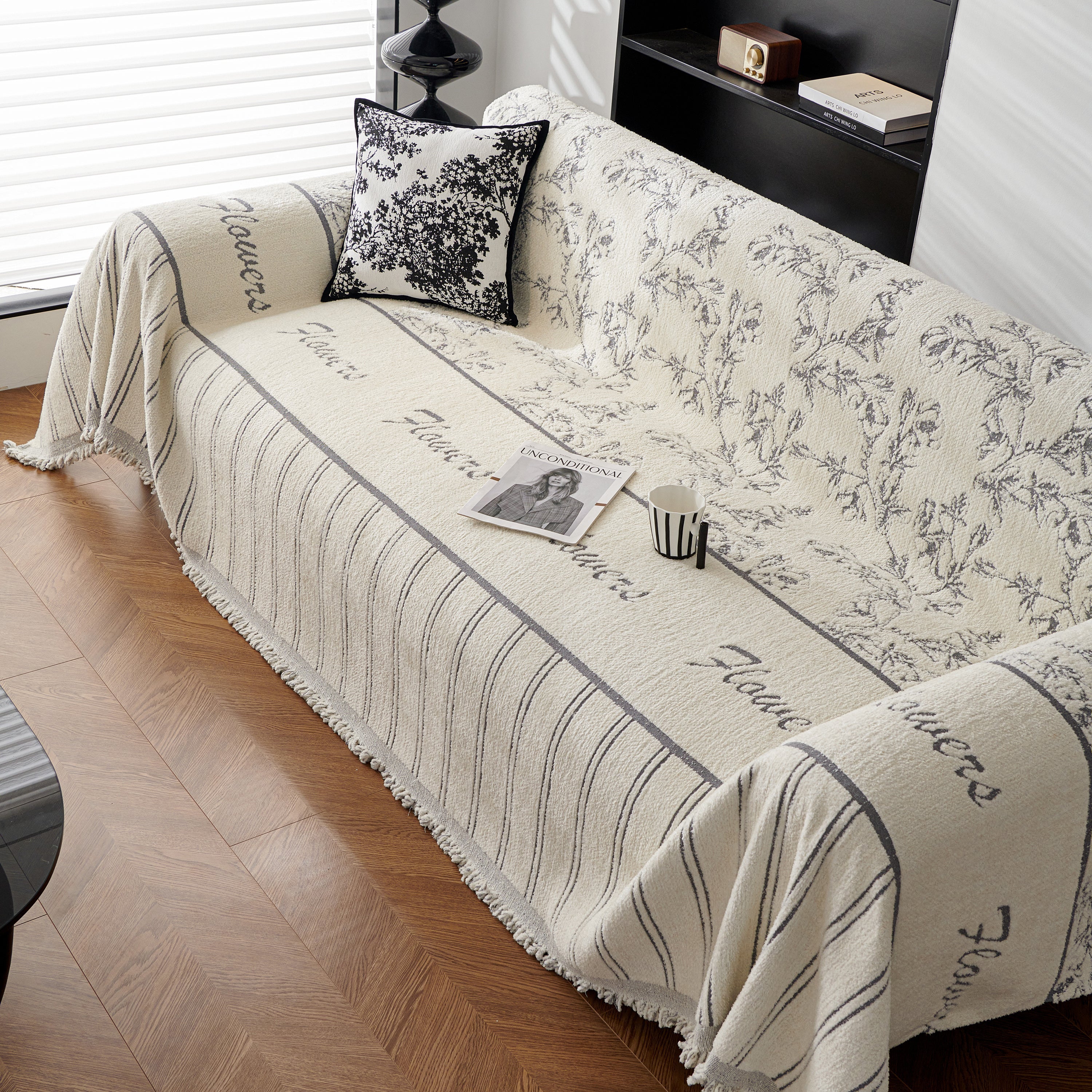 Chenille Striped Floral Couch Cover Sofa Slipcover For Most Shape Sofas, Reversible Sofa Throw Cover
