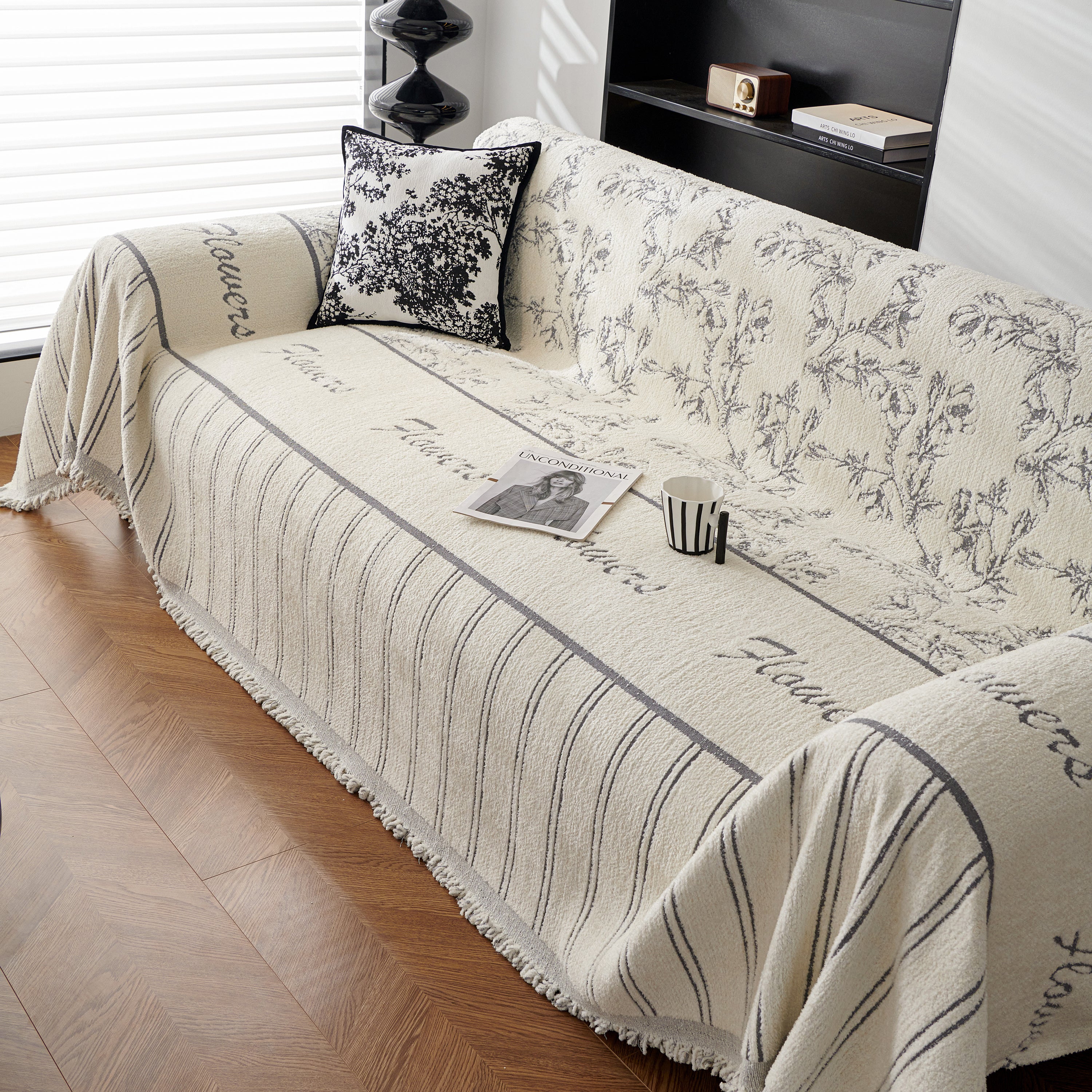 Chenille Striped Floral Couch Cover Sofa Slipcover For Most Shape Sofas, Reversible Sofa Throw Cover