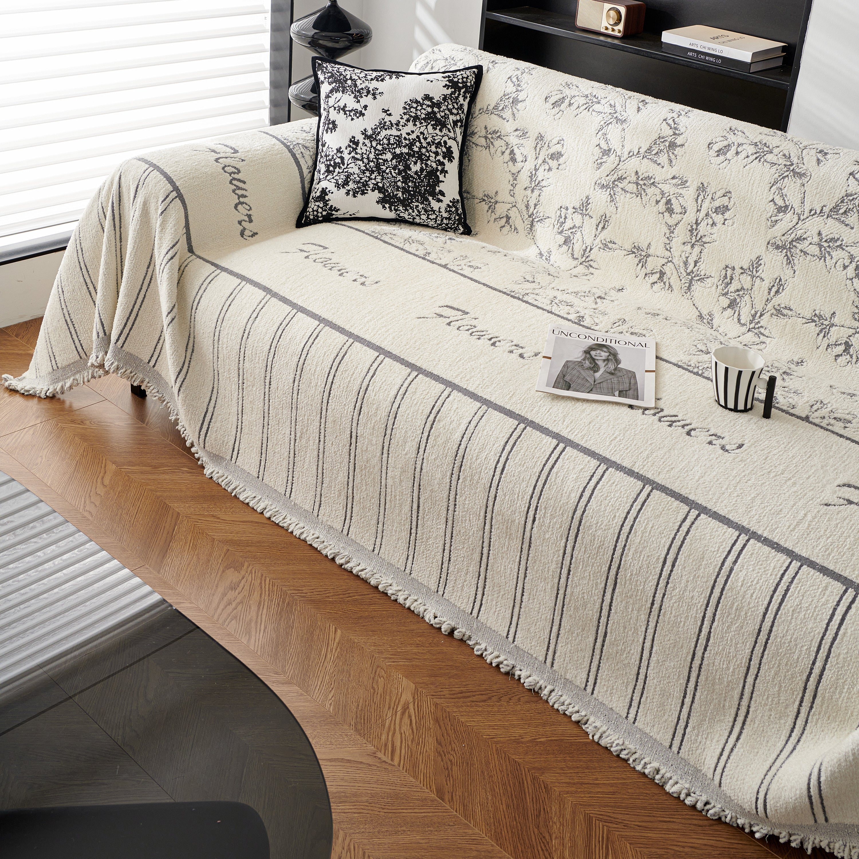 Chenille Striped Floral Couch Cover Sofa Slipcover For Most Shape Sofas, Reversible Sofa Throw Cover