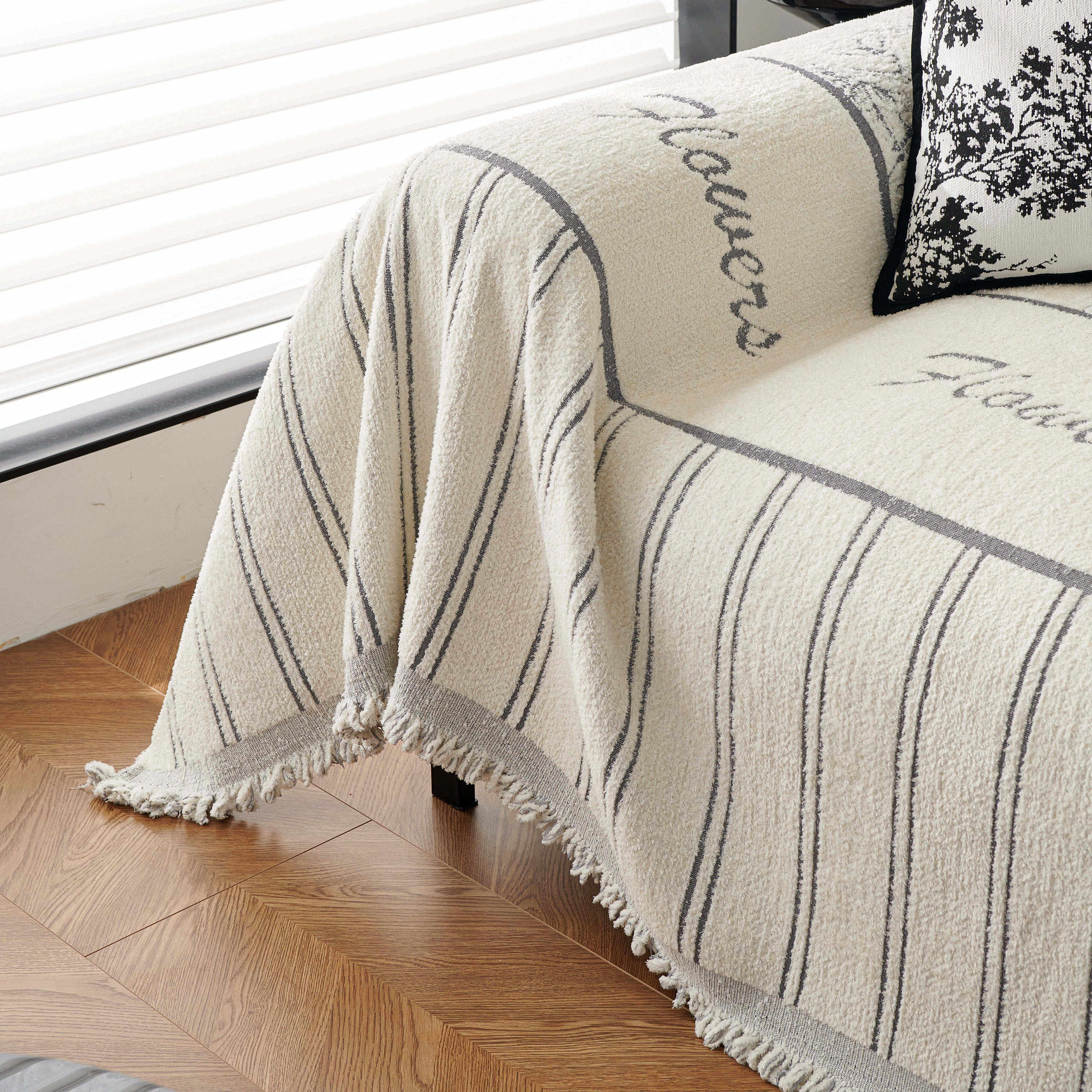 Chenille Striped Floral Couch Cover Sofa Slipcover For Most Shape Sofas, Reversible Sofa Throw Cover