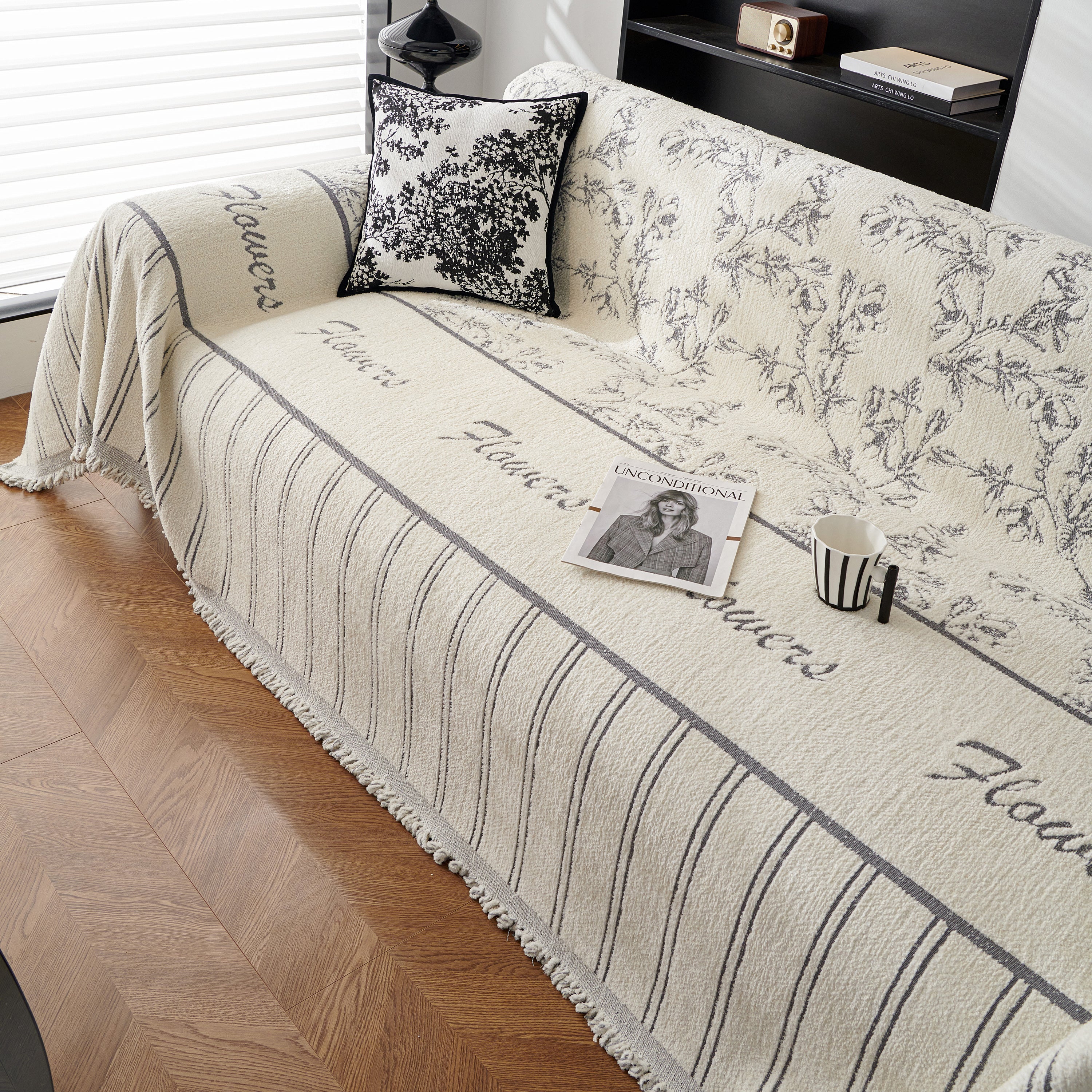Chenille Striped Floral Couch Cover Sofa Slipcover For Most Shape Sofas, Reversible Sofa Throw Cover