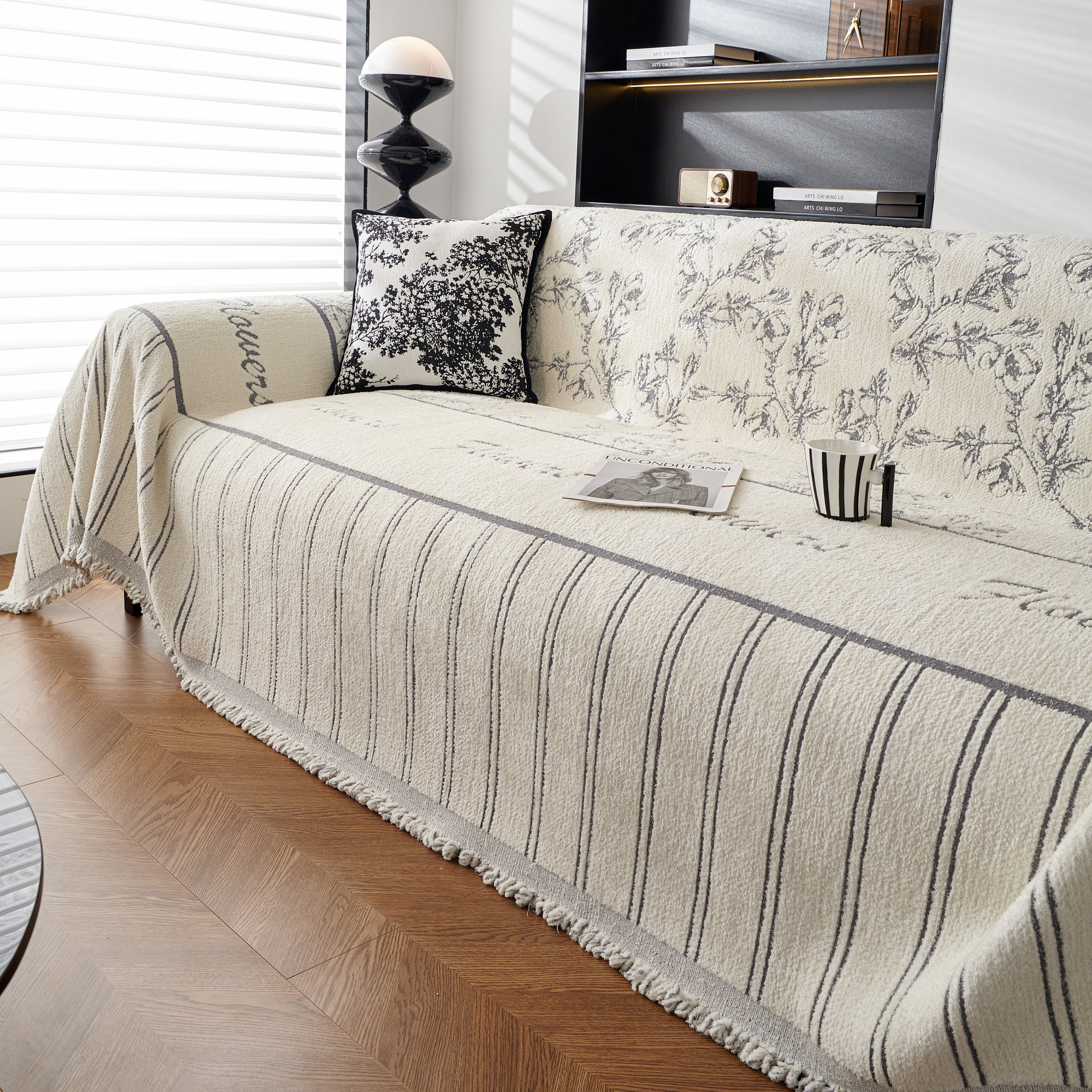 Chenille Striped Floral Couch Cover Sofa Slipcover For Most Shape Sofas, Reversible Sofa Throw Cover