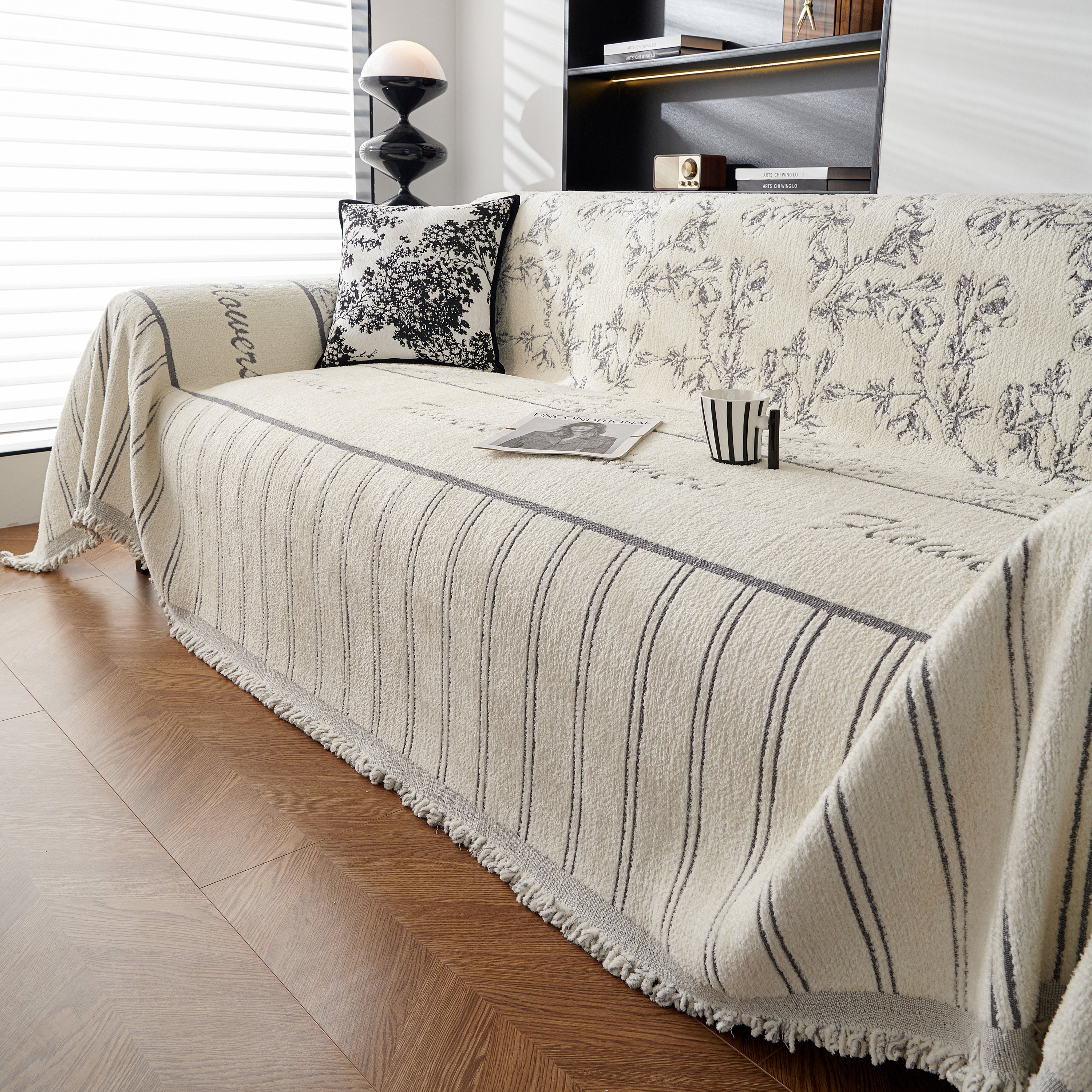 Chenille Striped Floral Couch Cover Sofa Slipcover For Most Shape Sofas, Reversible Sofa Throw Cover