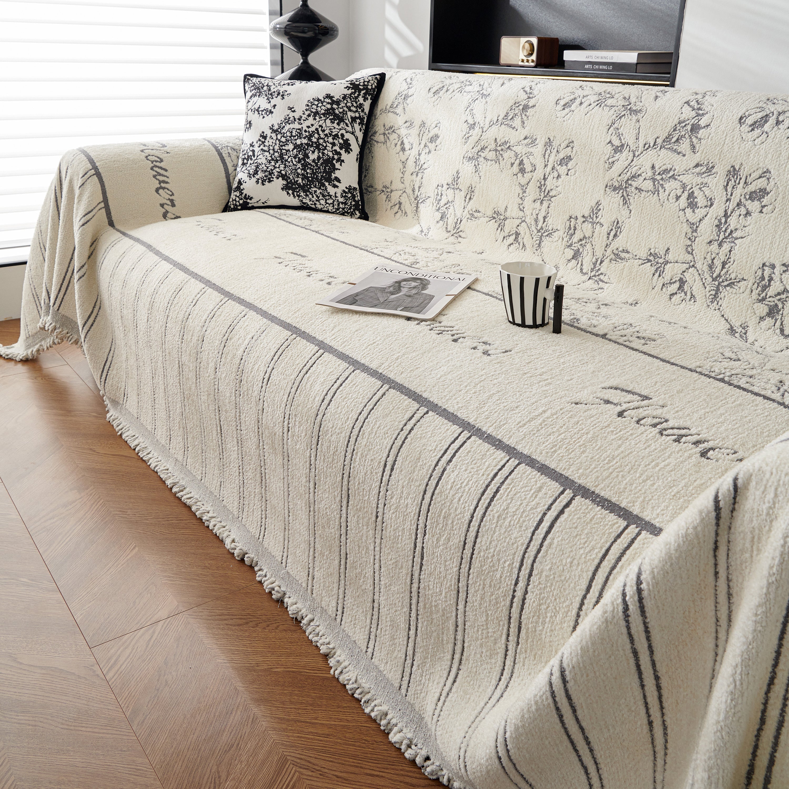 Chenille Striped Floral Couch Cover Sofa Slipcover For Most Shape Sofas, Reversible Sofa Throw Cover
