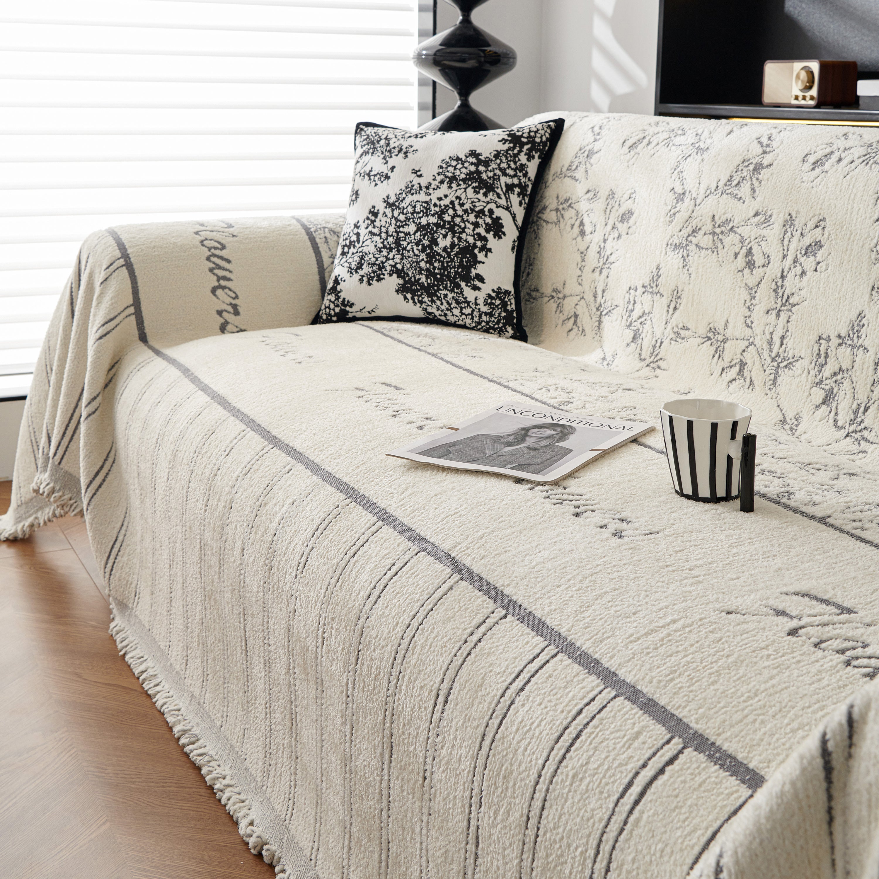 Chenille Striped Floral Couch Cover Sofa Slipcover For Most Shape Sofas, Reversible Sofa Throw Cover