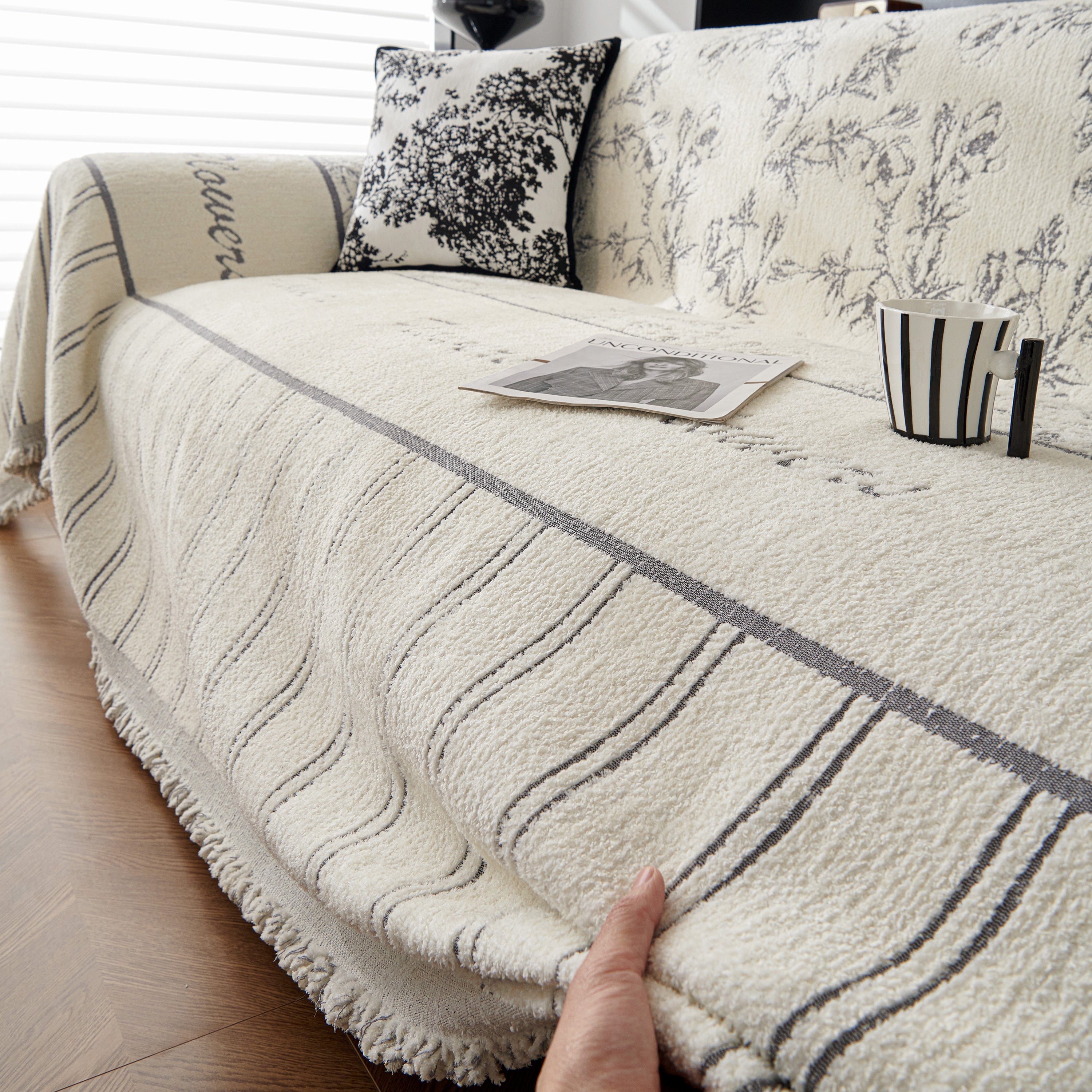 Chenille Striped Floral Couch Cover Sofa Slipcover For Most Shape Sofas, Reversible Sofa Throw Cover