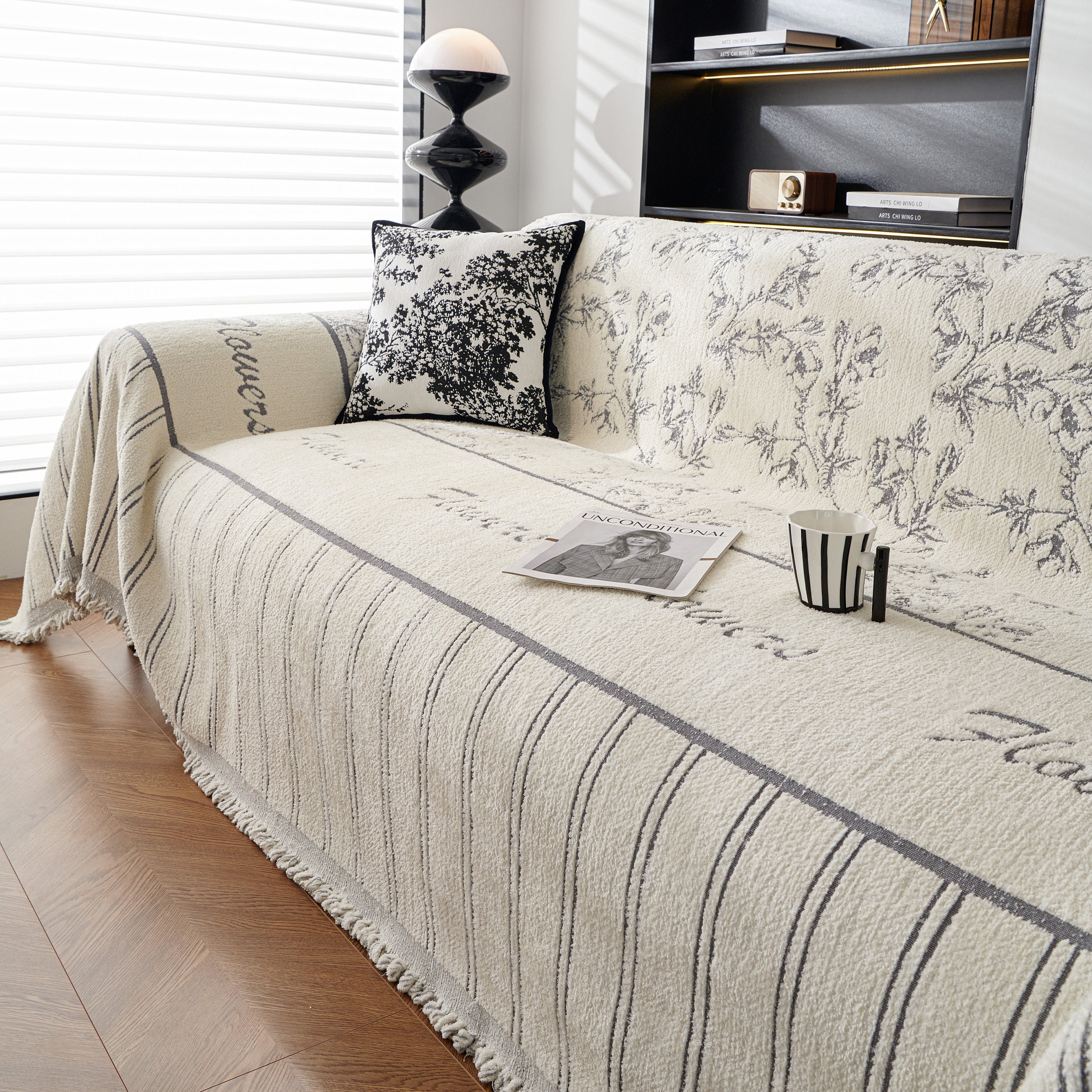 Chenille Striped Floral Couch Cover Sofa Slipcover For Most Shape Sofas, Reversible Sofa Throw Cover