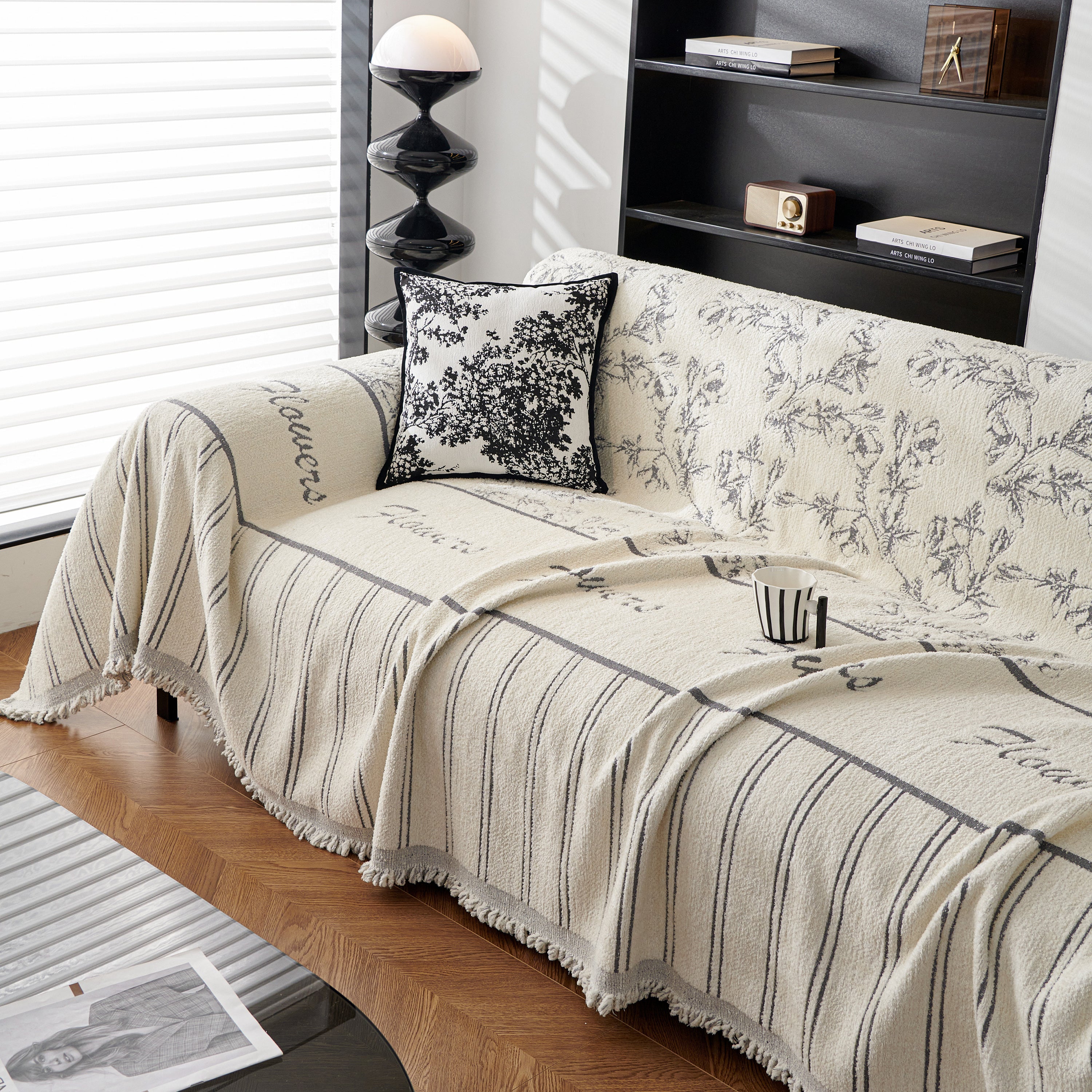 Chenille Striped Floral Couch Cover Sofa Slipcover For Most Shape Sofas, Reversible Sofa Throw Cover