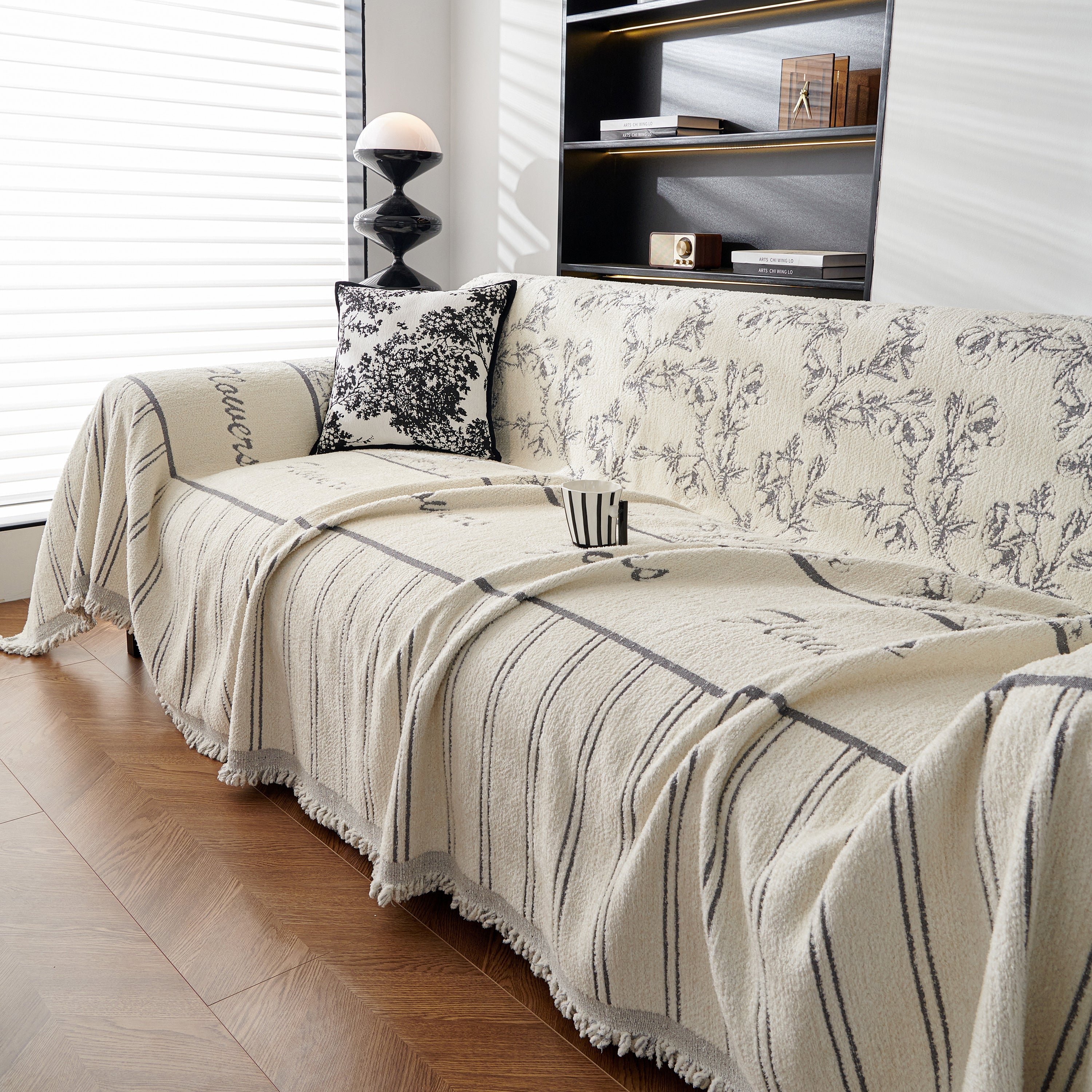 Chenille Striped Floral Couch Cover Sofa Slipcover For Most Shape Sofas, Reversible Sofa Throw Cover