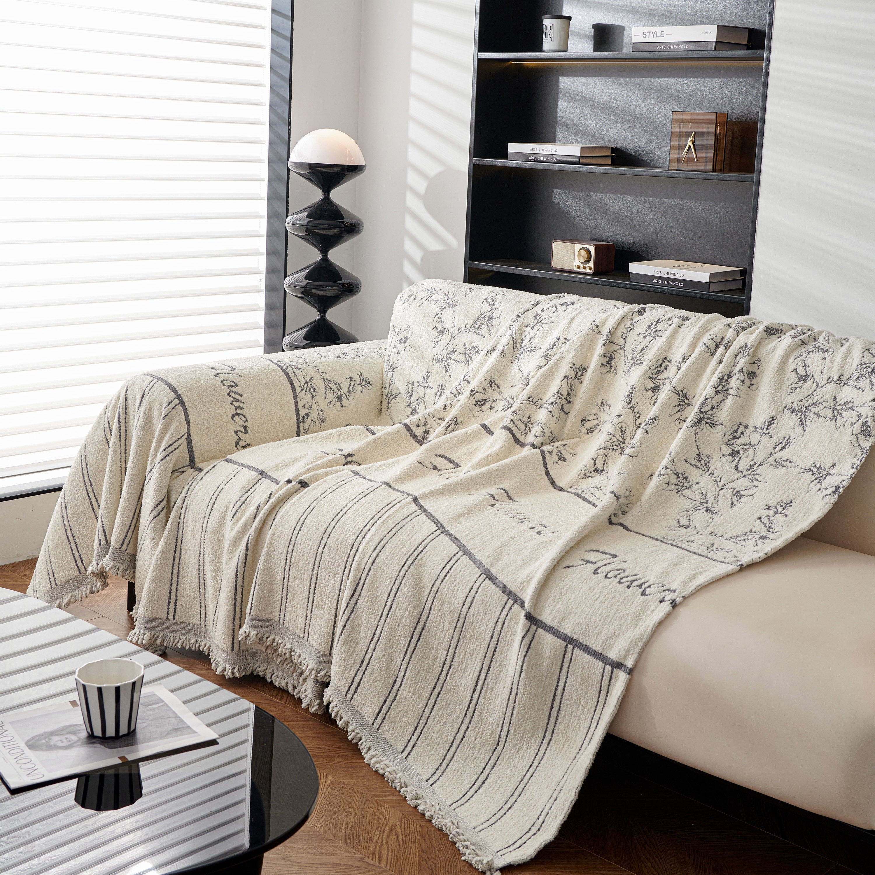 Chenille Striped Floral Couch Cover Sofa Slipcover For Most Shape Sofas, Reversible Sofa Throw Cover