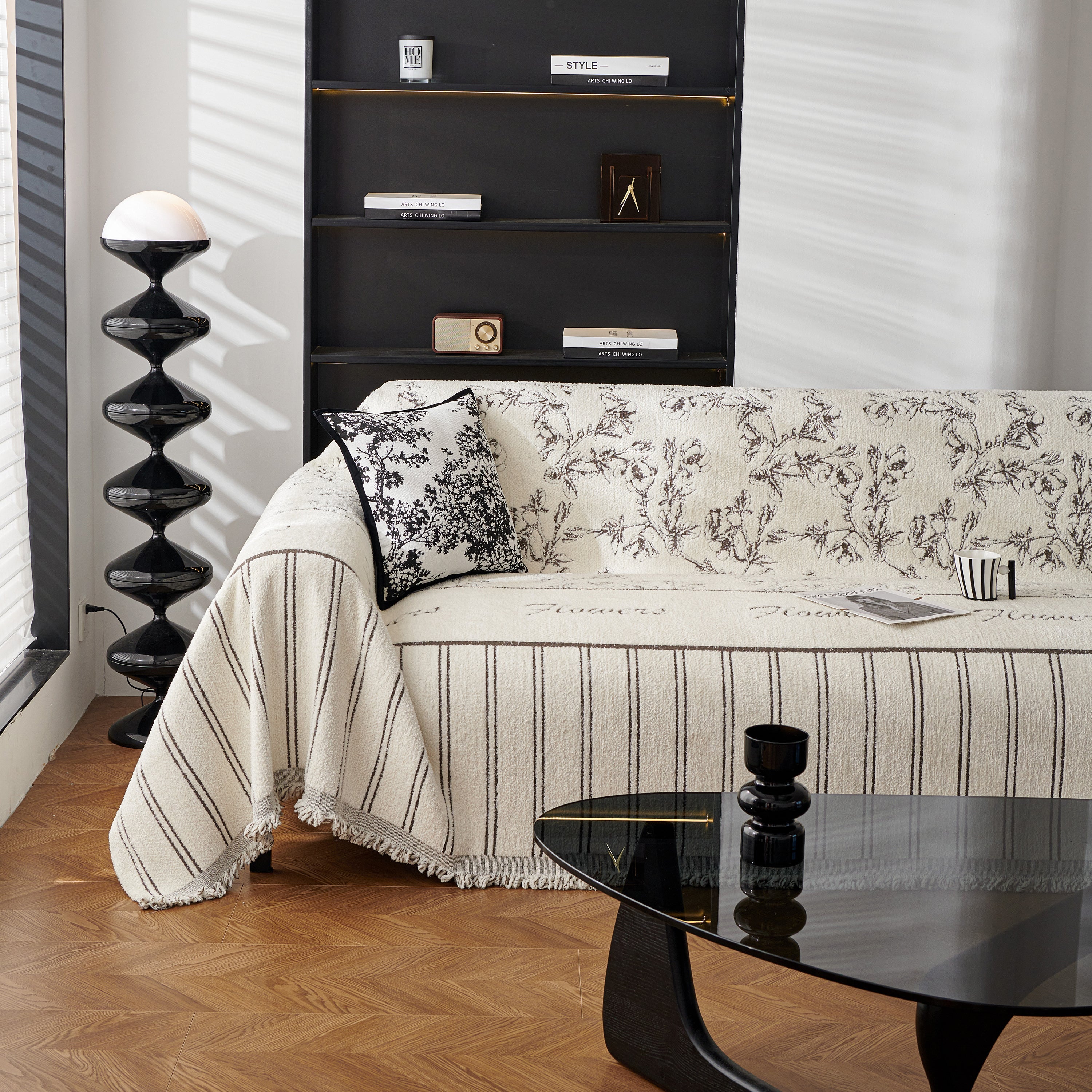 Chenille Striped Floral Couch Cover Sofa Slipcover For Most Shape Sofas, Reversible Sofa Throw Cover