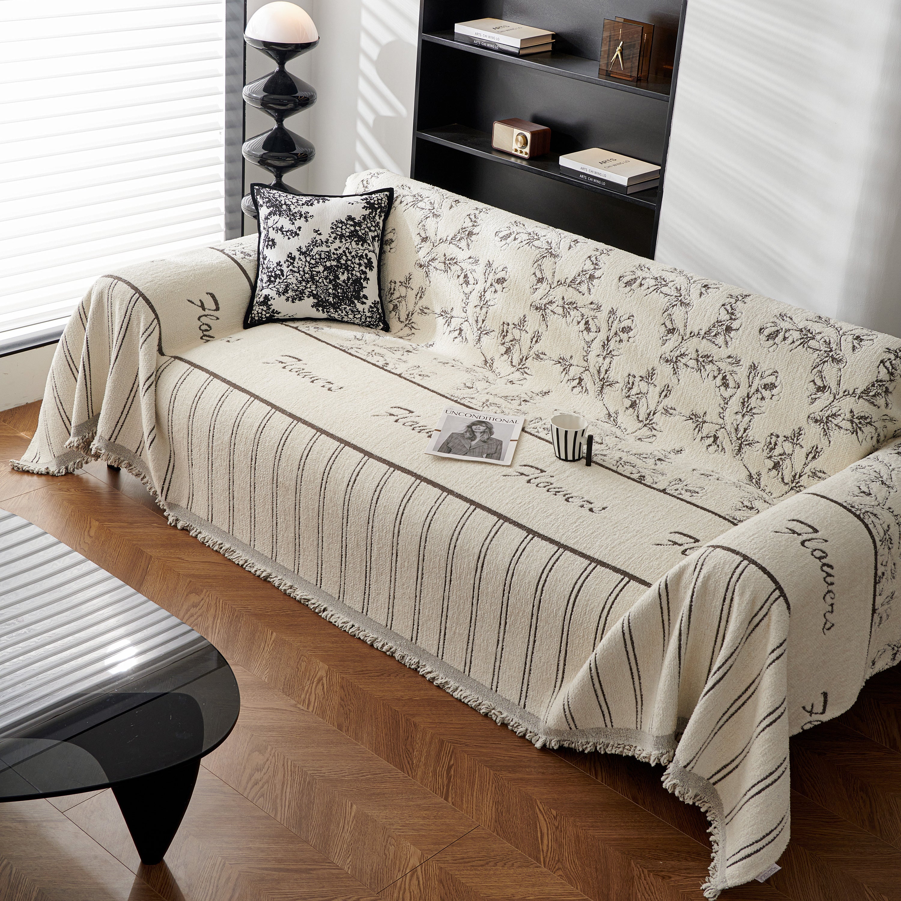 Chenille Striped Floral Couch Cover Sofa Slipcover For Most Shape Sofas, Reversible Sofa Throw Cover