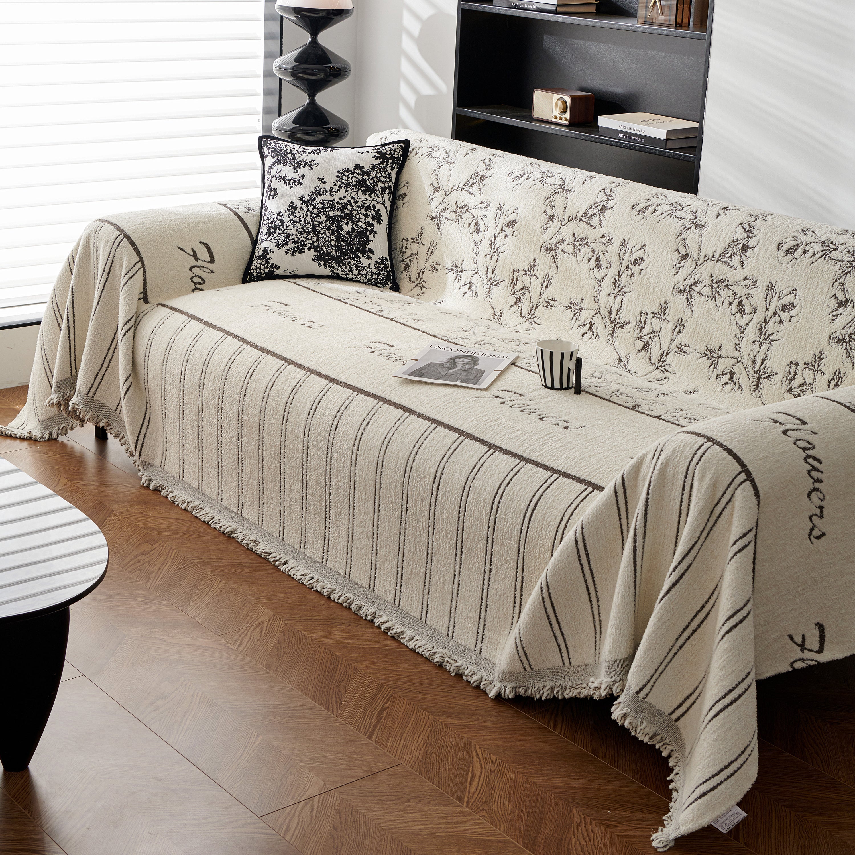 Chenille Striped Floral Couch Cover Sofa Slipcover For Most Shape Sofas, Reversible Sofa Throw Cover