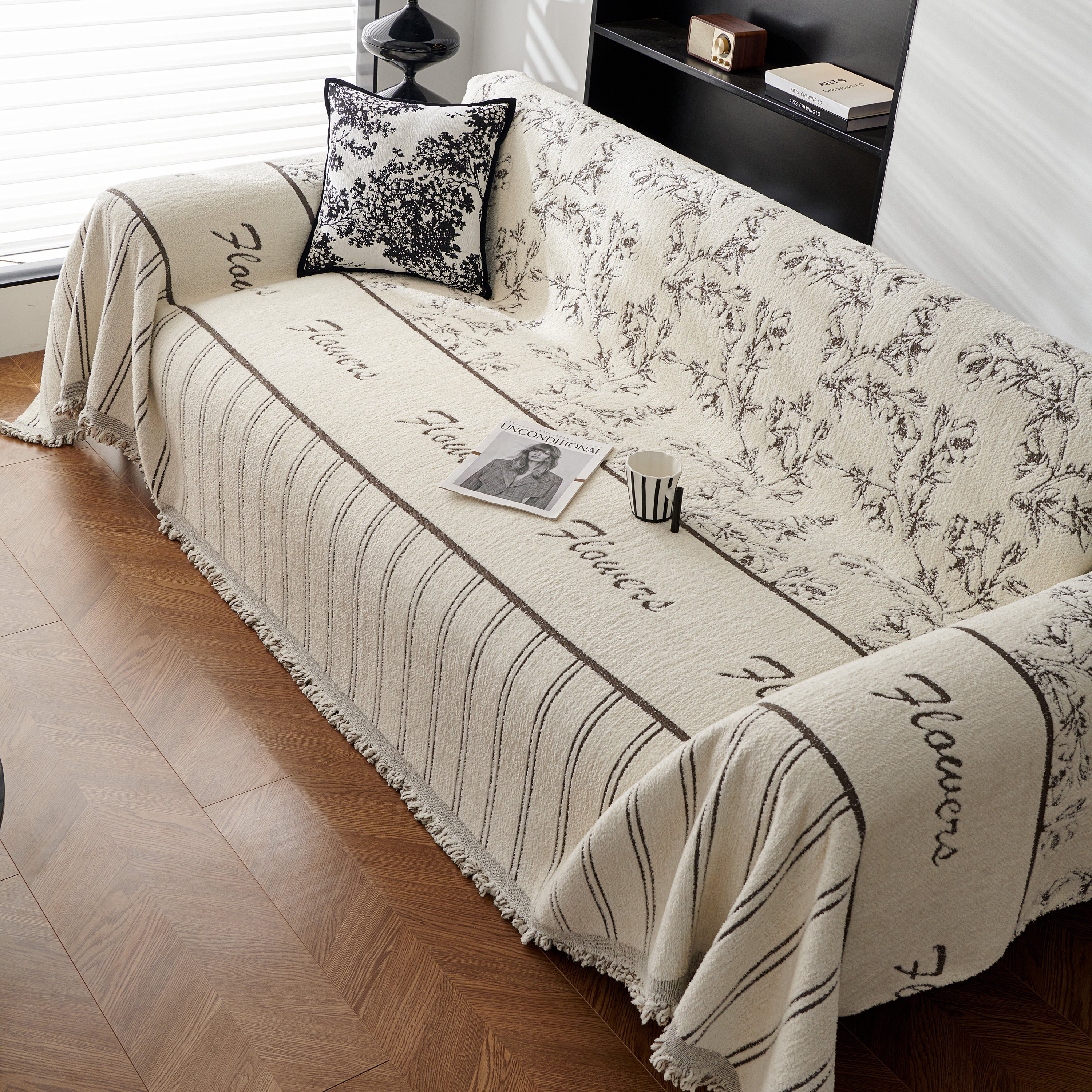 Chenille Striped Floral Couch Cover Sofa Slipcover For Most Shape Sofas, Reversible Sofa Throw Cover