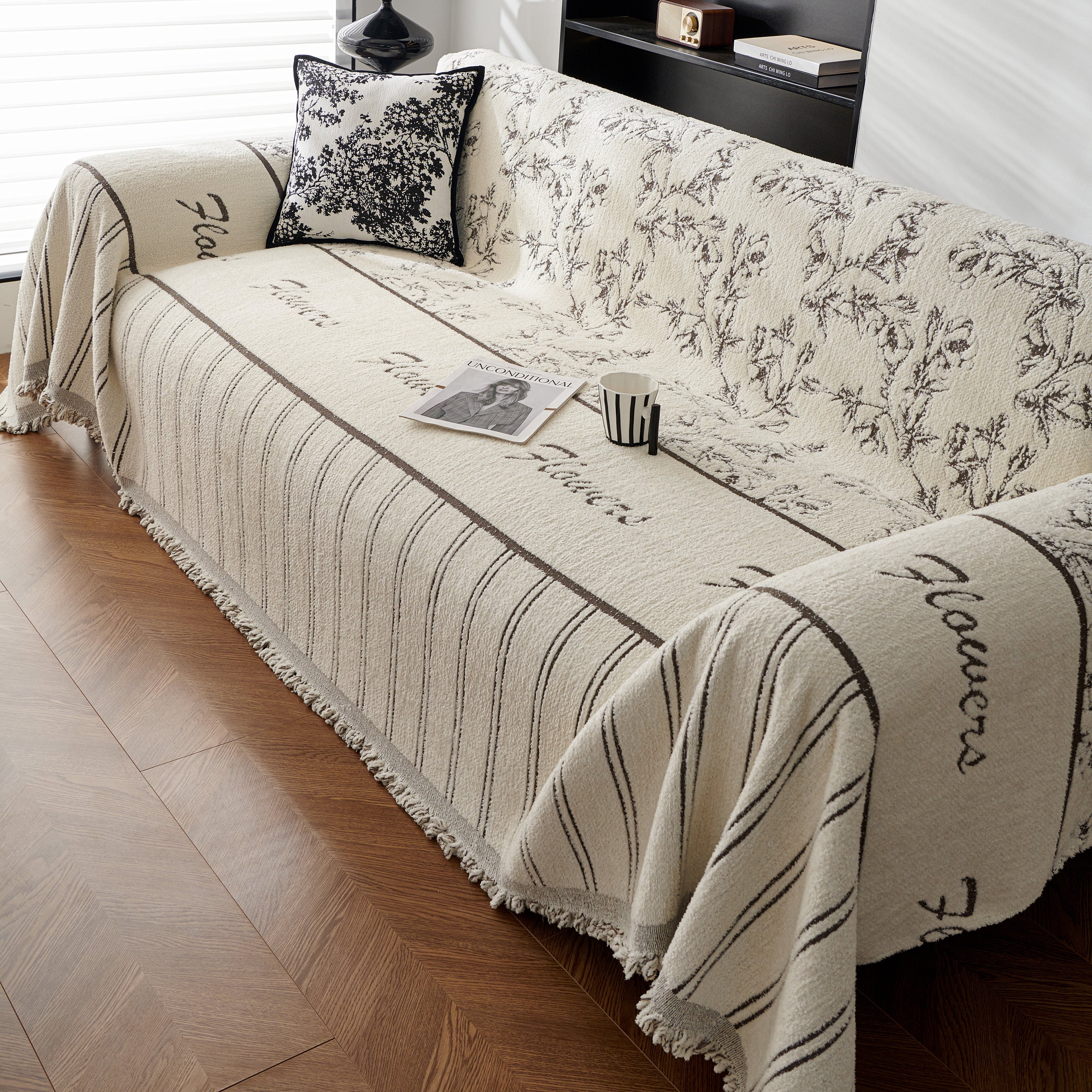 Chenille Striped Floral Couch Cover Sofa Slipcover For Most Shape Sofas, Reversible Sofa Throw Cover