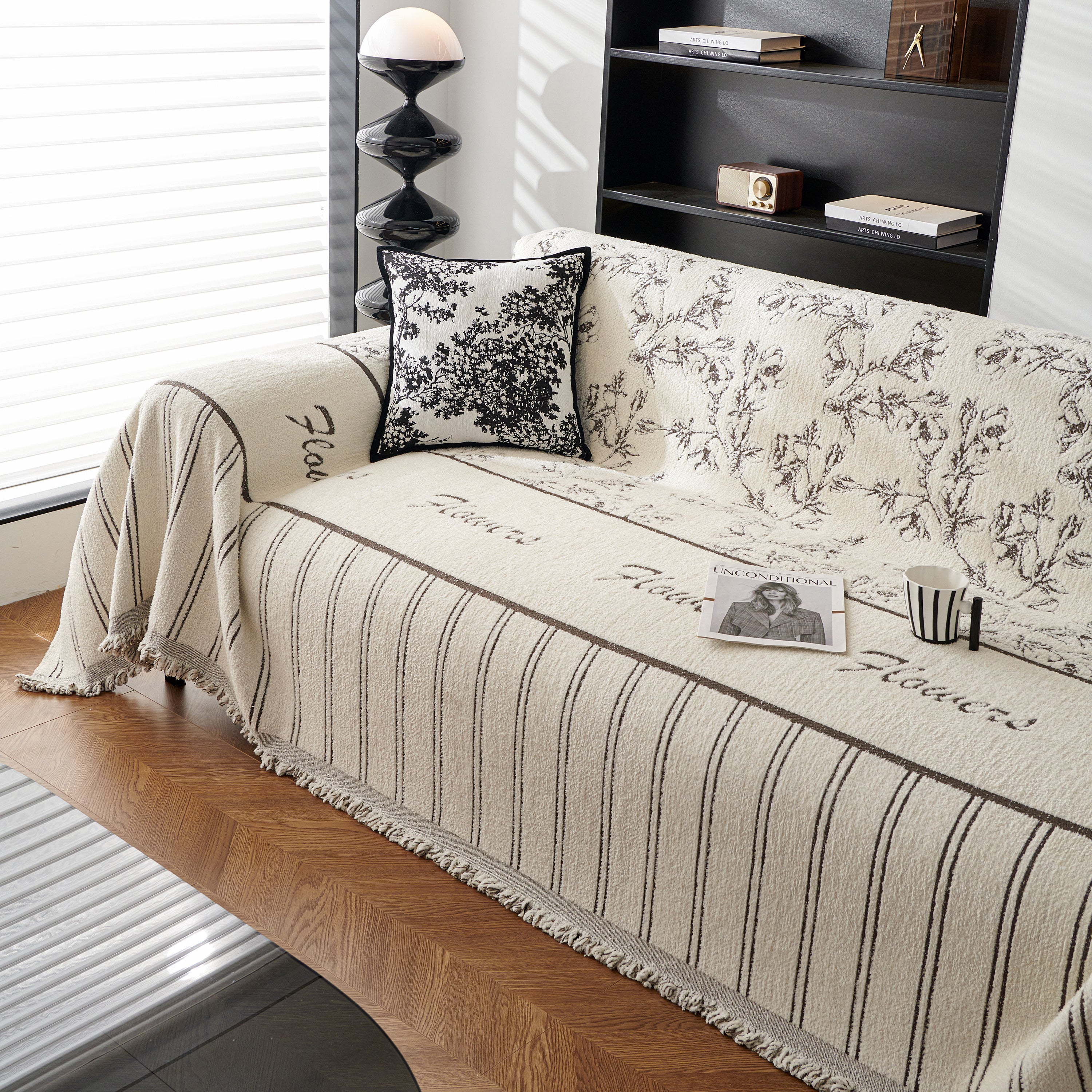 Chenille Striped Floral Couch Cover Sofa Slipcover For Most Shape Sofas, Reversible Sofa Throw Cover