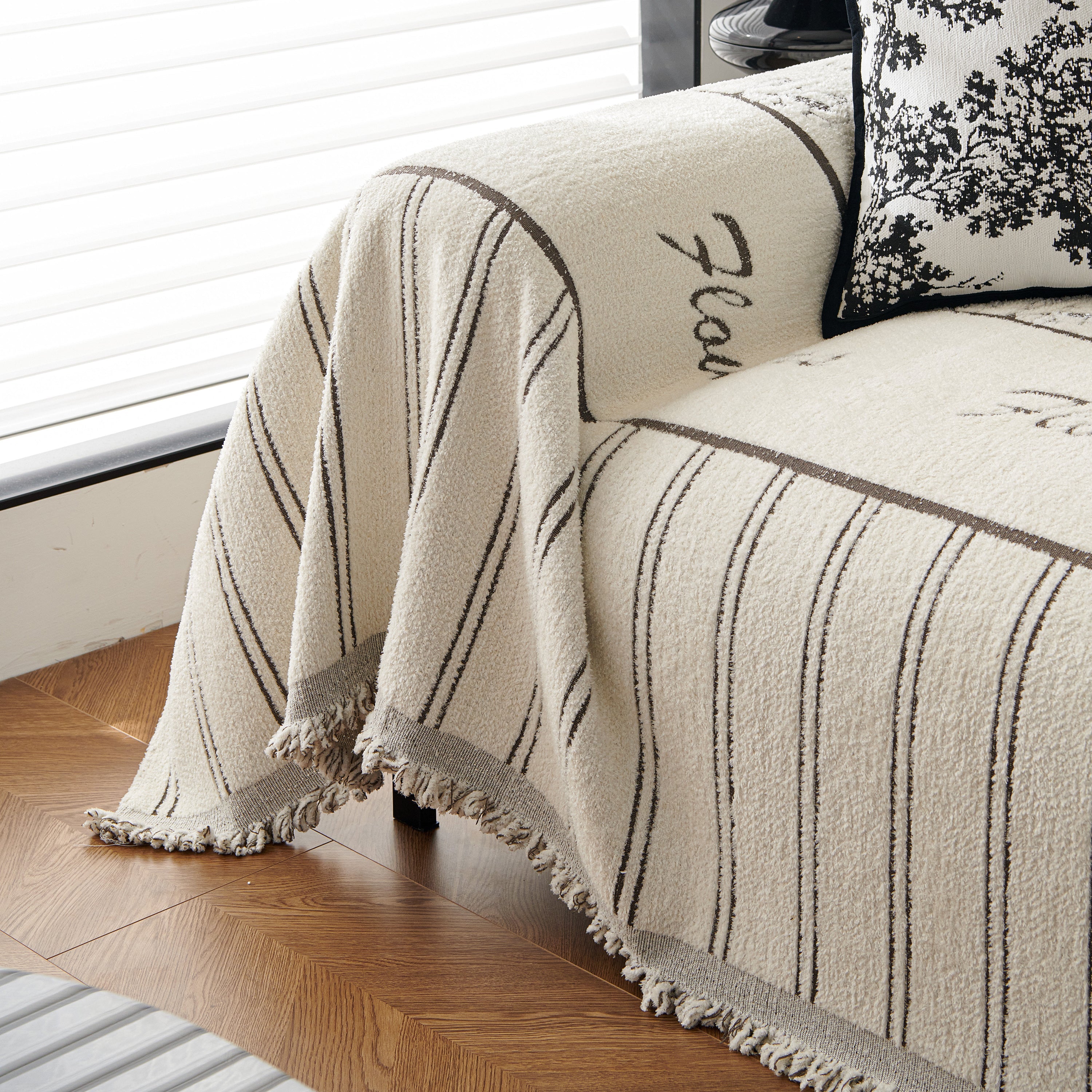 Chenille Striped Floral Couch Cover Sofa Slipcover For Most Shape Sofas, Reversible Sofa Throw Cover