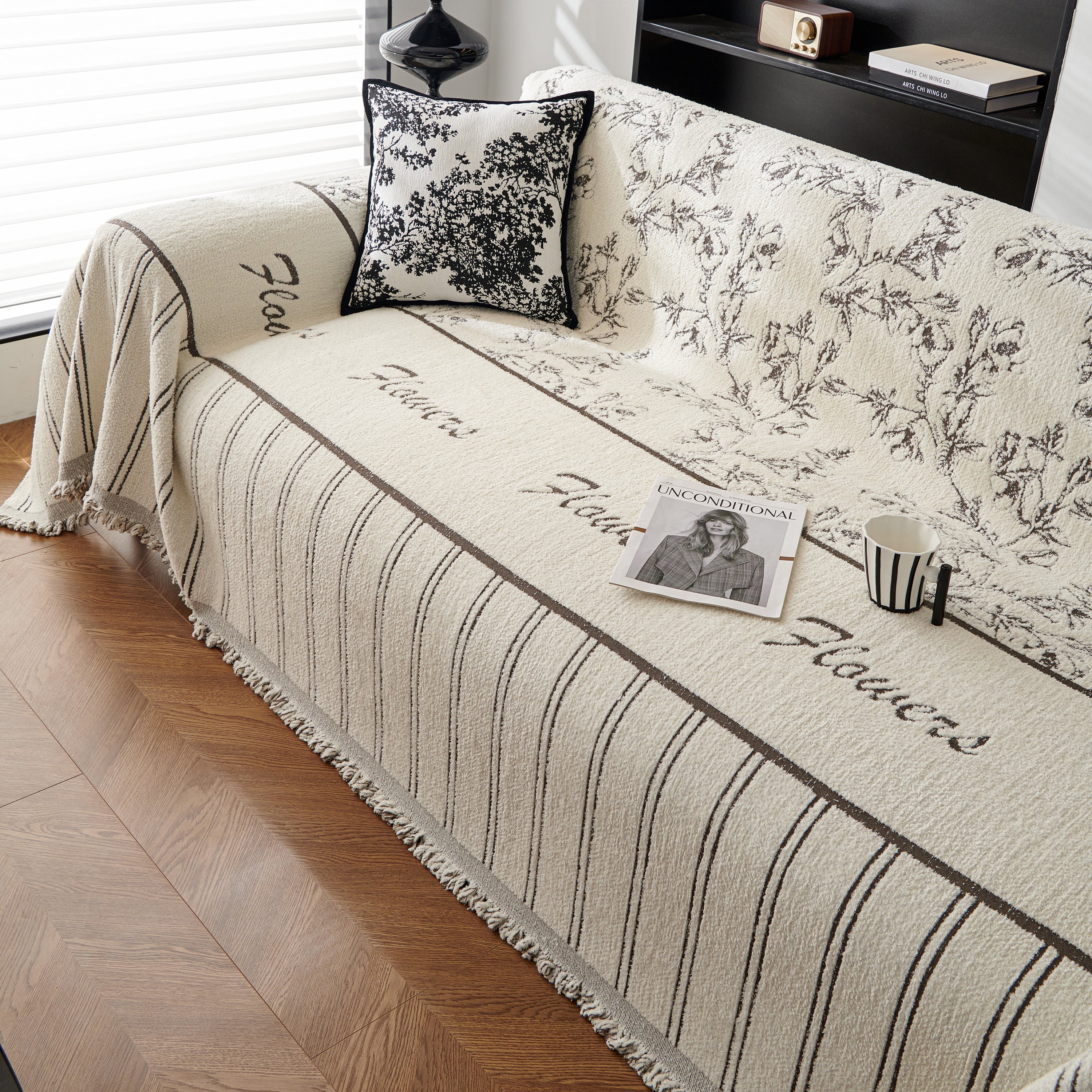 Chenille Striped Floral Couch Cover Sofa Slipcover For Most Shape Sofas, Reversible Sofa Throw Cover