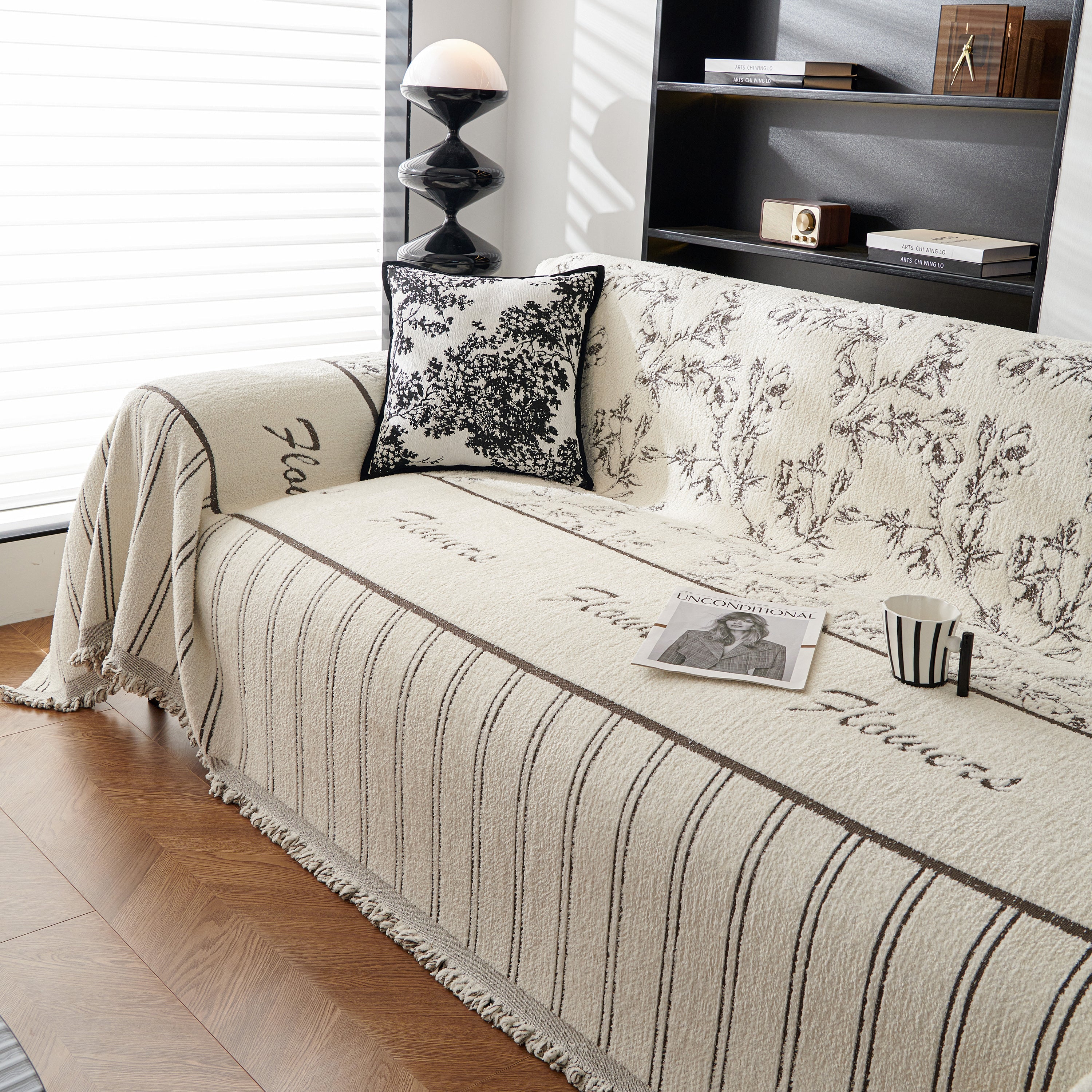 Chenille Striped Floral Couch Cover Sofa Slipcover For Most Shape Sofas, Reversible Sofa Throw Cover