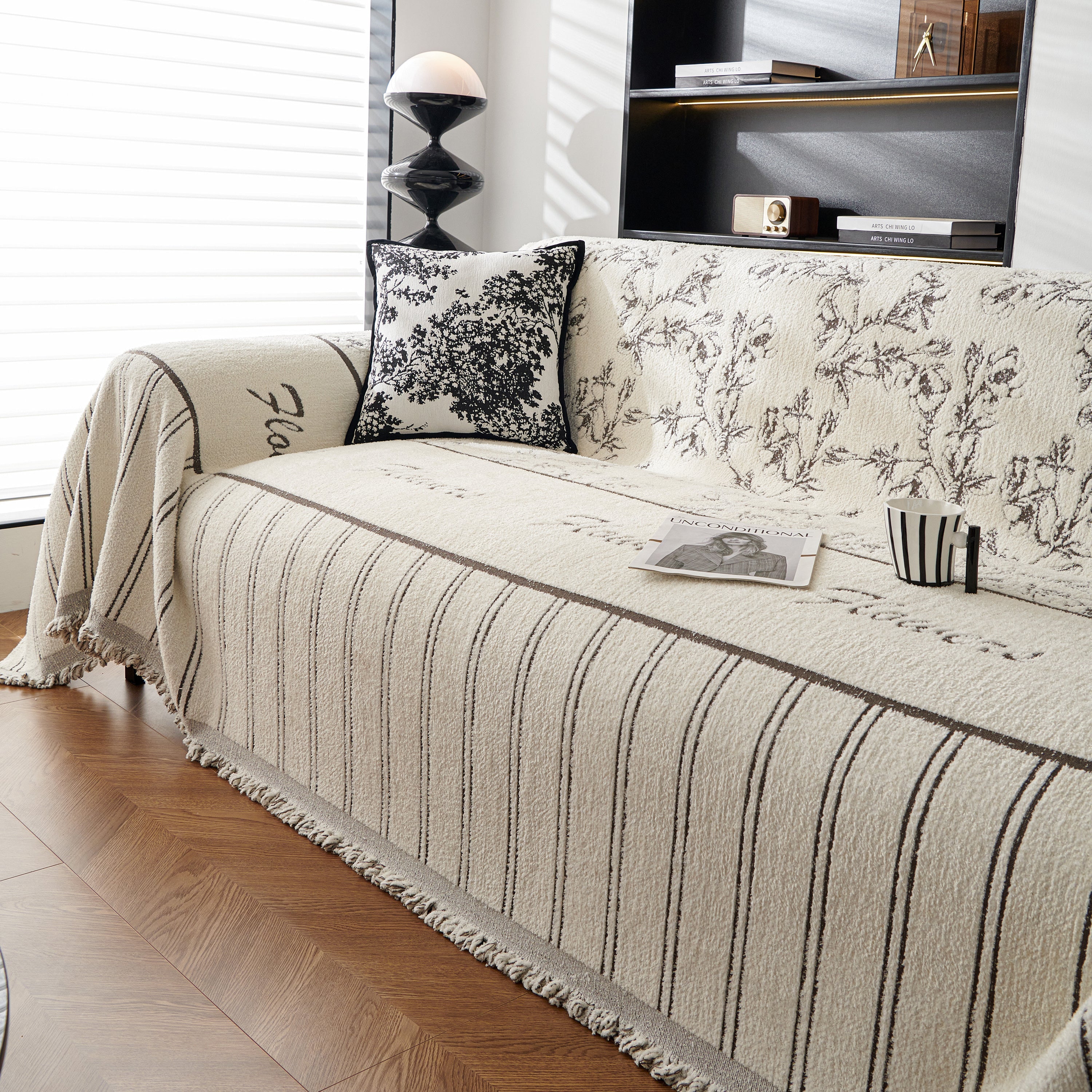 Chenille Striped Floral Couch Cover Sofa Slipcover For Most Shape Sofas, Reversible Sofa Throw Cover