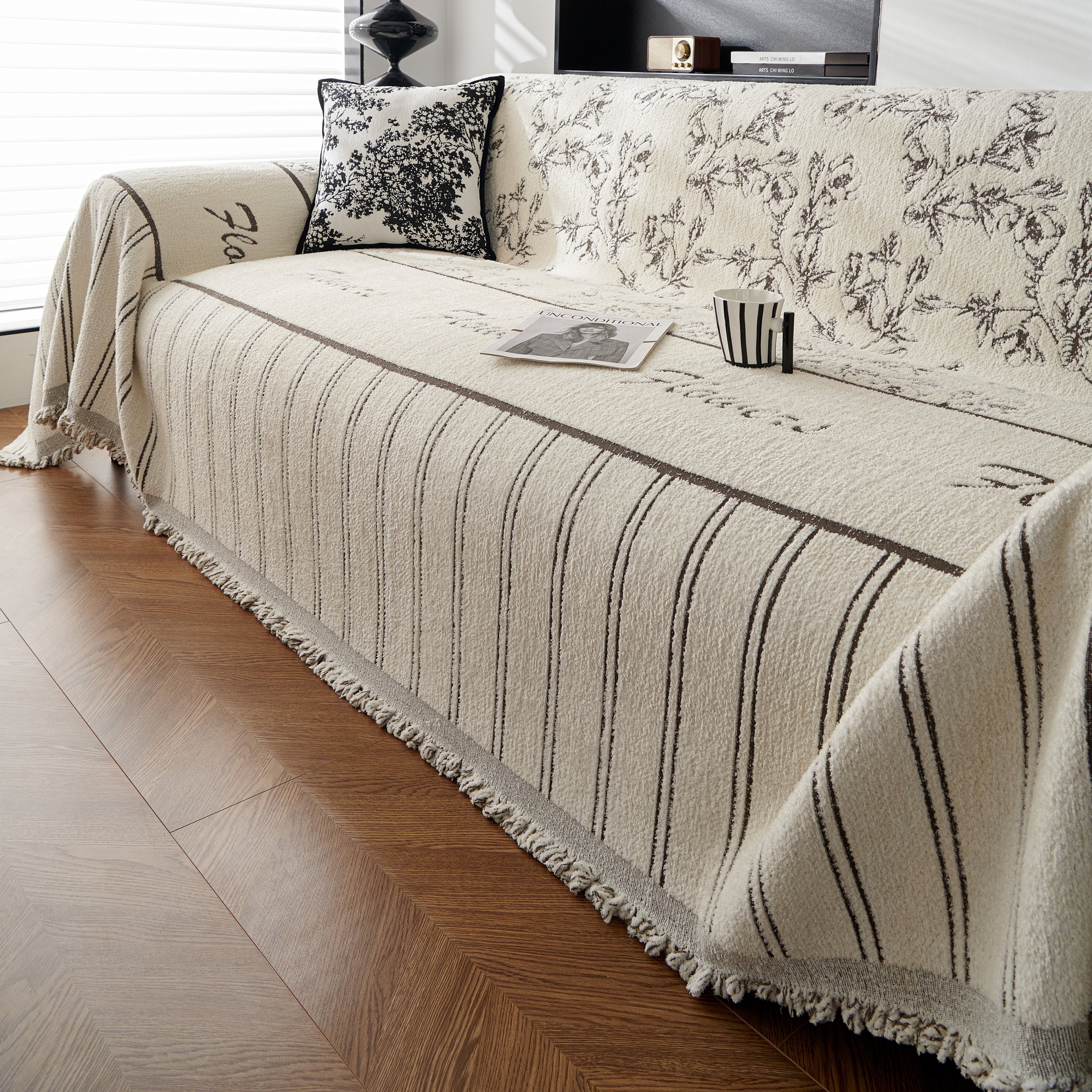 Chenille Striped Floral Couch Cover Sofa Slipcover For Most Shape Sofas, Reversible Sofa Throw Cover