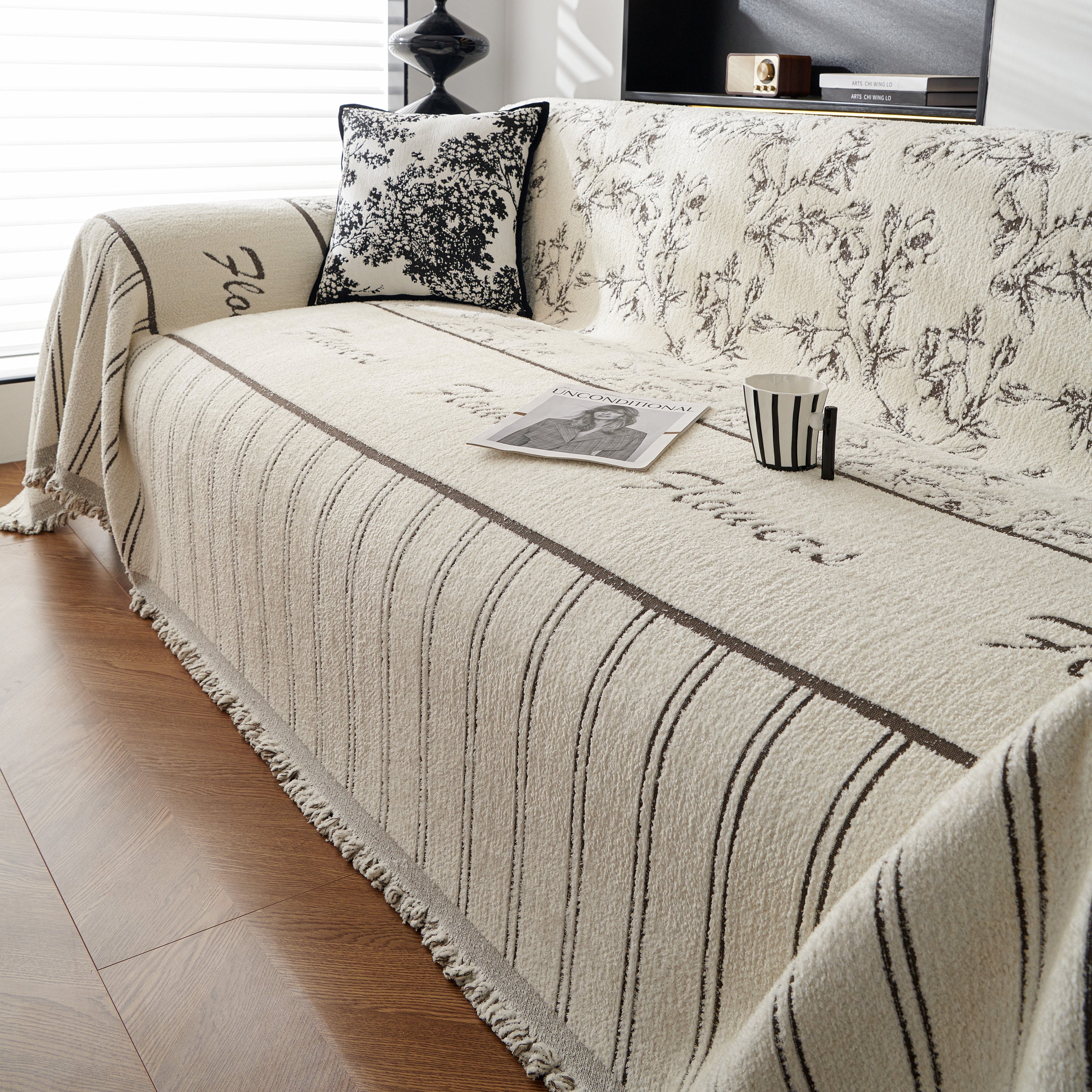 Chenille Striped Floral Couch Cover Sofa Slipcover For Most Shape Sofas, Reversible Sofa Throw Cover