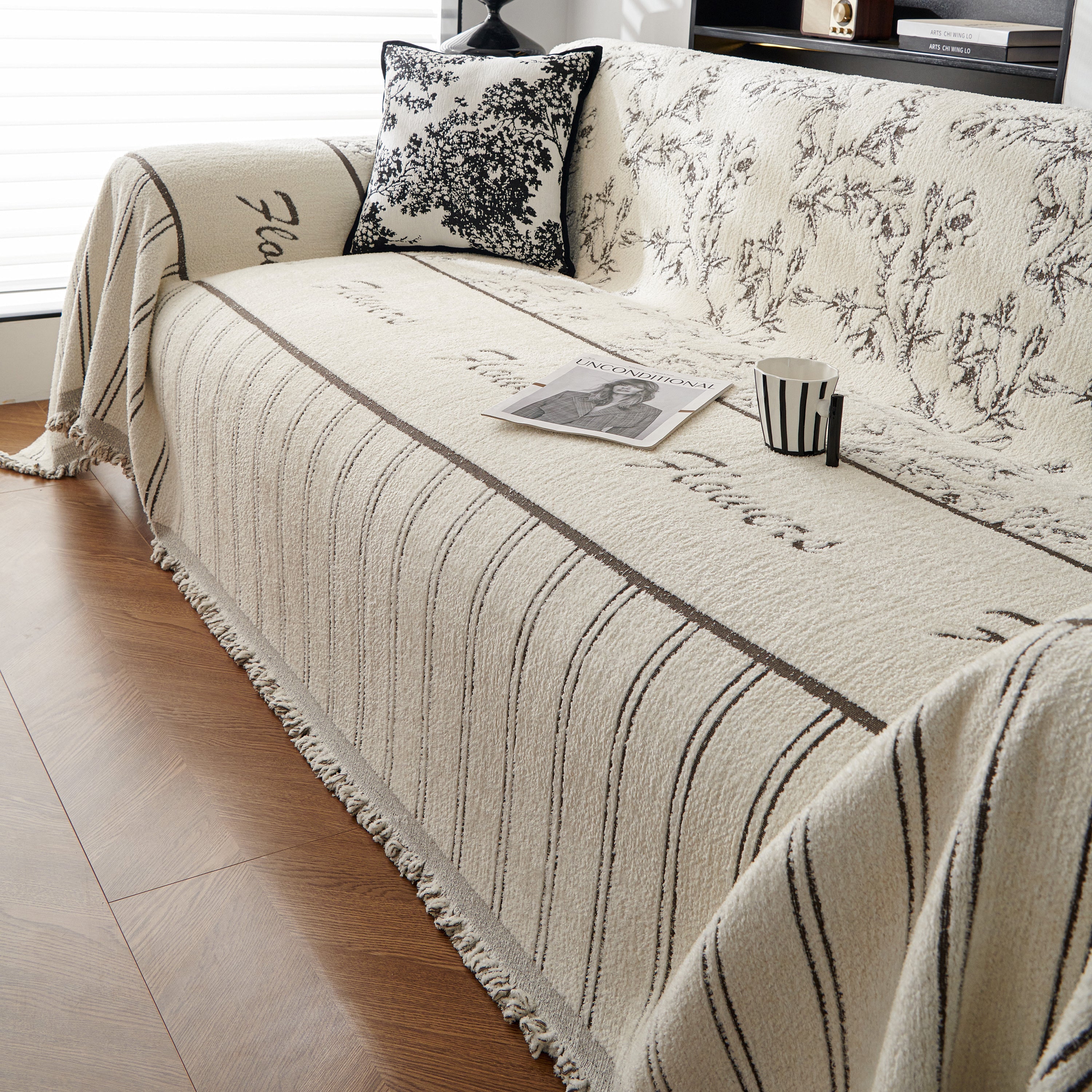 Chenille Striped Floral Couch Cover Sofa Slipcover For Most Shape Sofas, Reversible Sofa Throw Cover