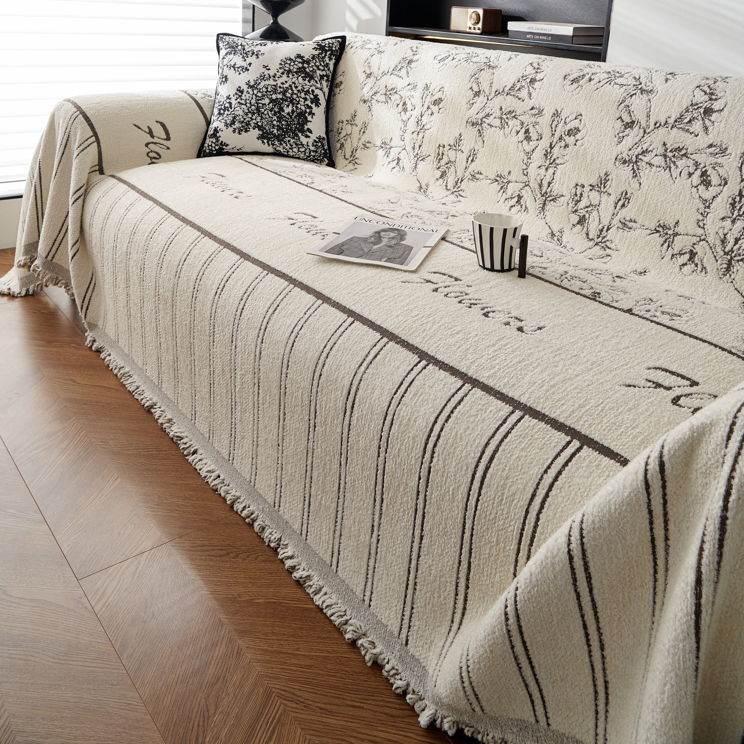 Chenille Striped Floral Couch Cover Sofa Slipcover For Most Shape Sofas, Reversible Sofa Throw Cover