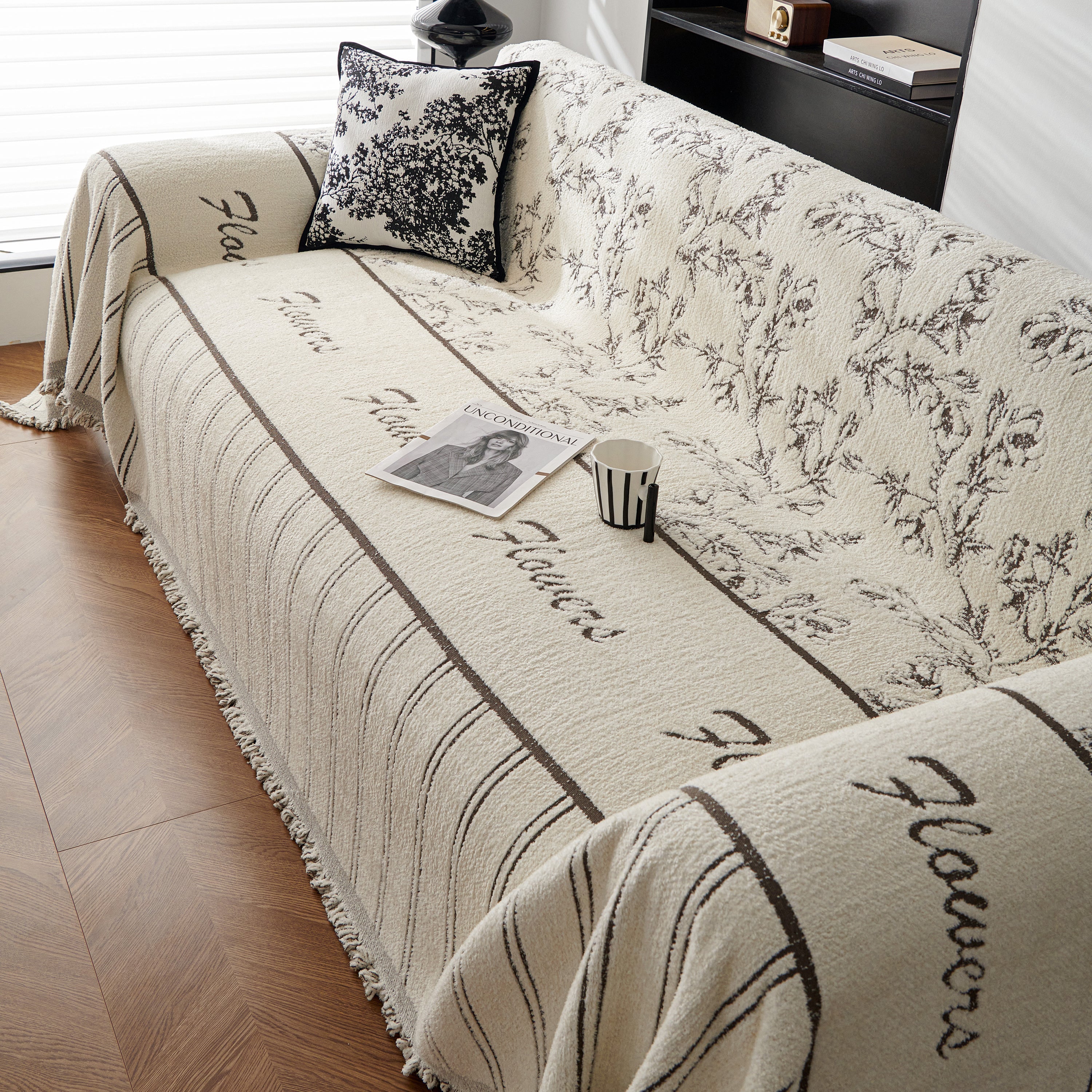 Chenille Striped Floral Couch Cover Sofa Slipcover For Most Shape Sofas, Reversible Sofa Throw Cover