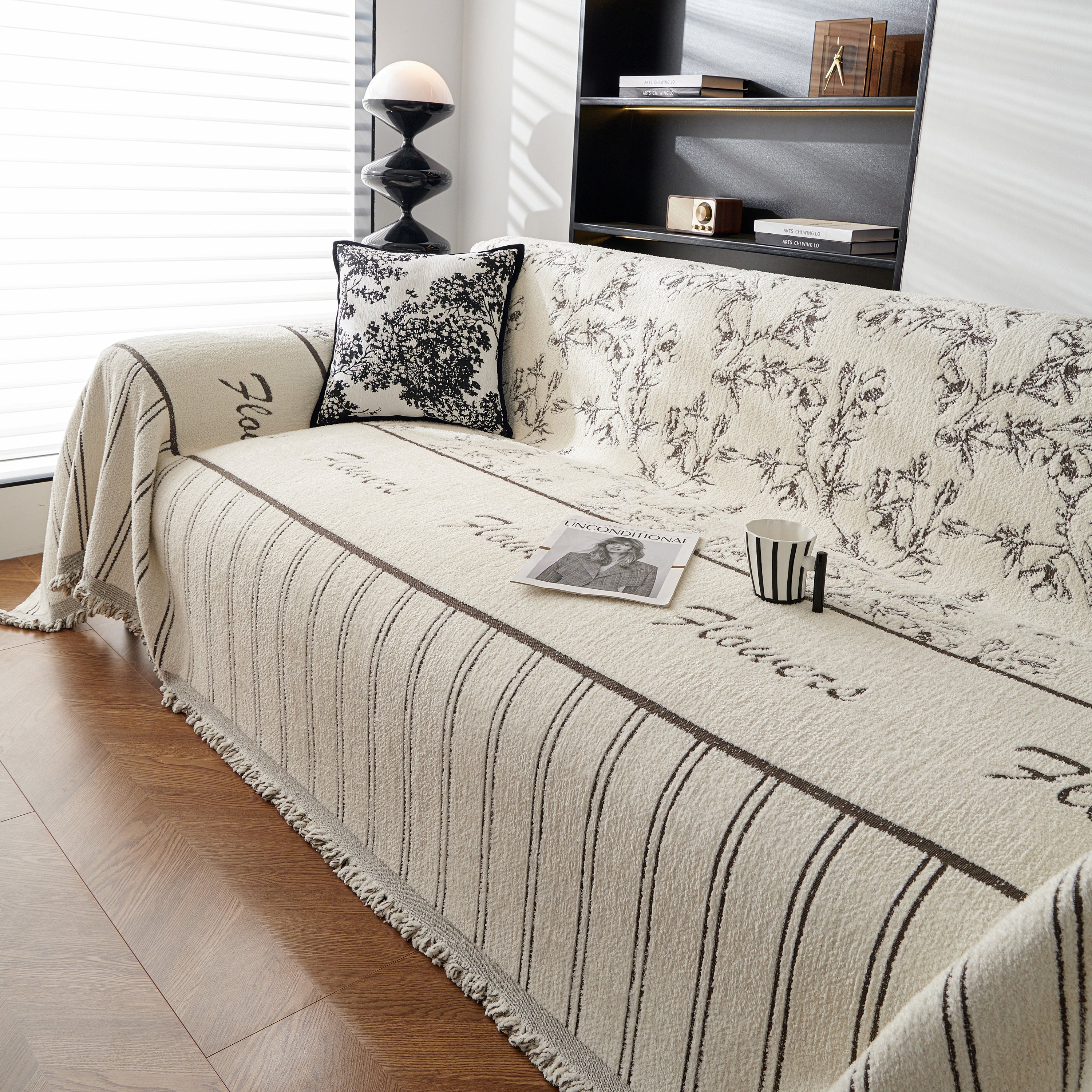 Chenille Striped Floral Couch Cover Sofa Slipcover For Most Shape Sofas, Reversible Sofa Throw Cover